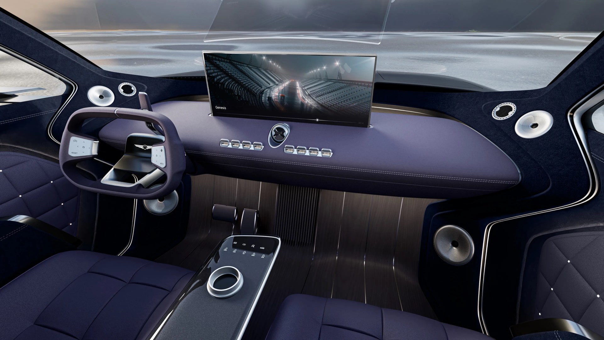 Futuristic car interior with purple dashboard, rectangular steering wheel, large central screen, and quilted seats.