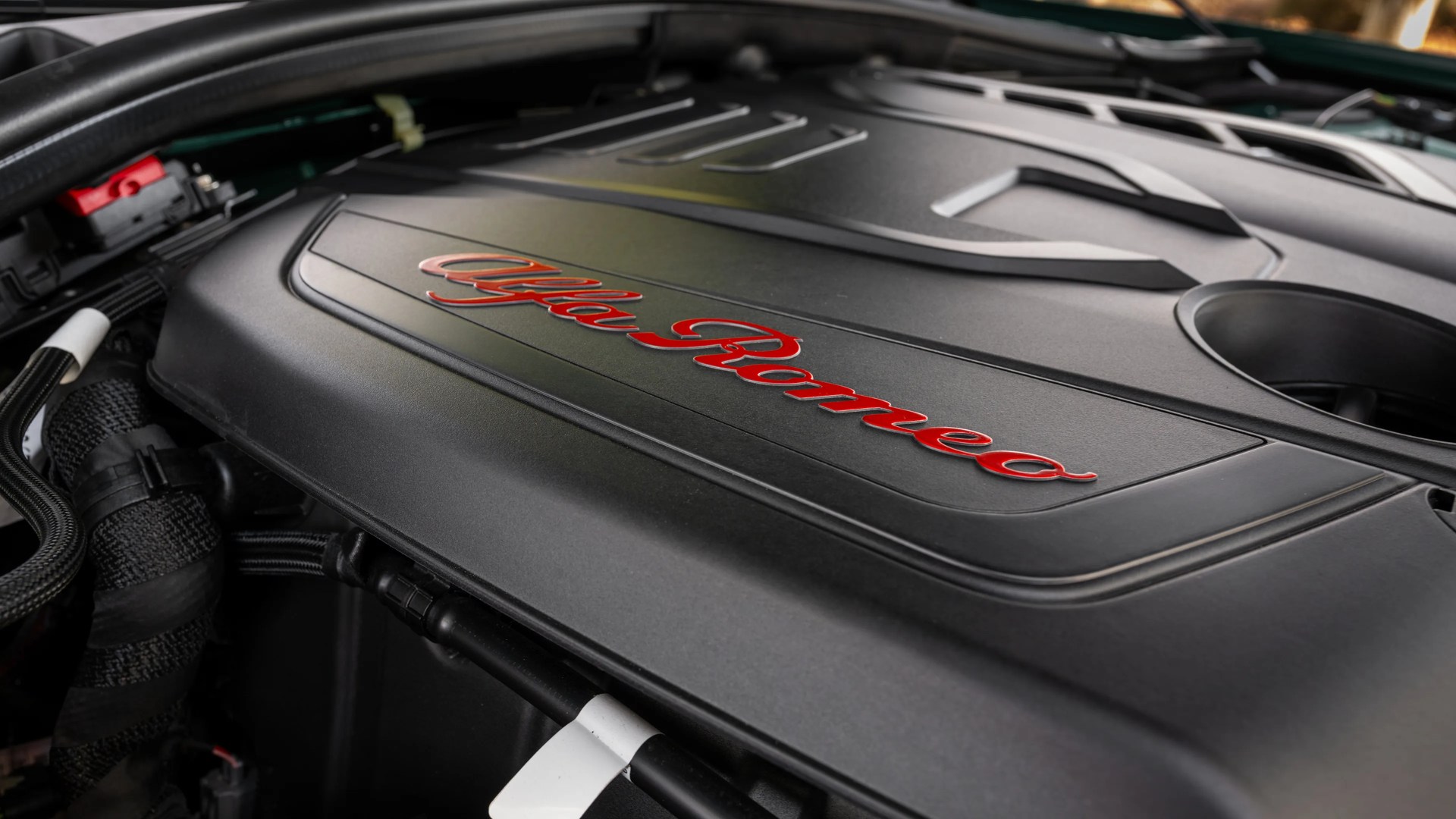 Close-up of a black engine cover with red "Alfa Romeo" script logo.