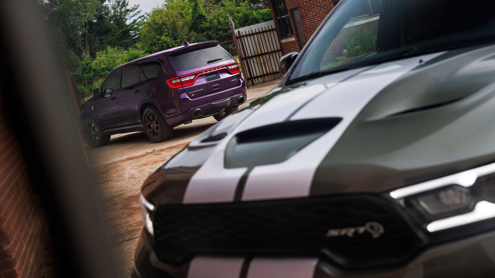 Close-up of a gray Dodge SRT Hellcat with white racing stripes in the foreground and a purple Dodge Durango SRT parked in the background.