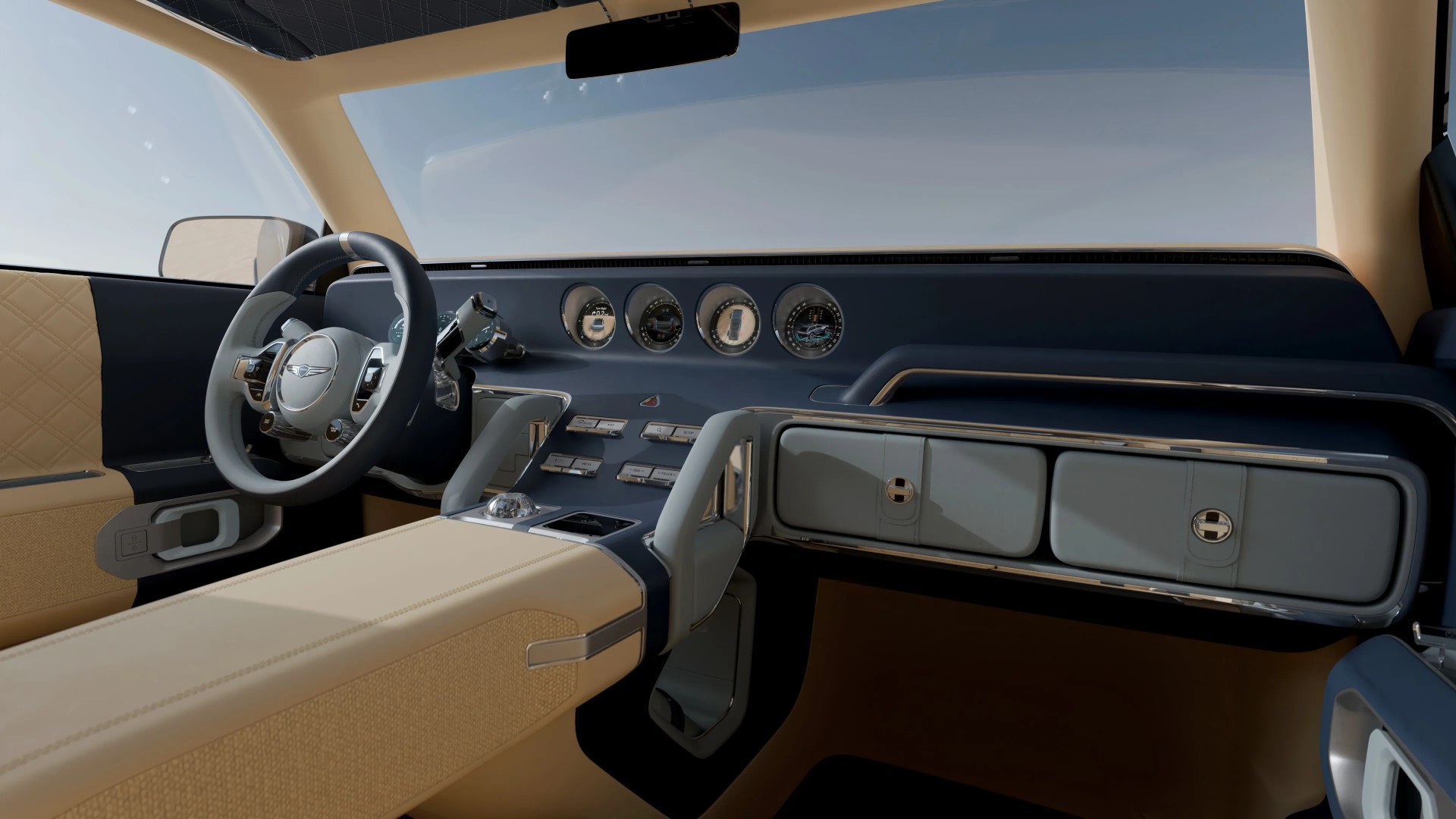 Car interior with beige and navy blue leather, circular gauges, and a futuristic steering wheel with a central logo.