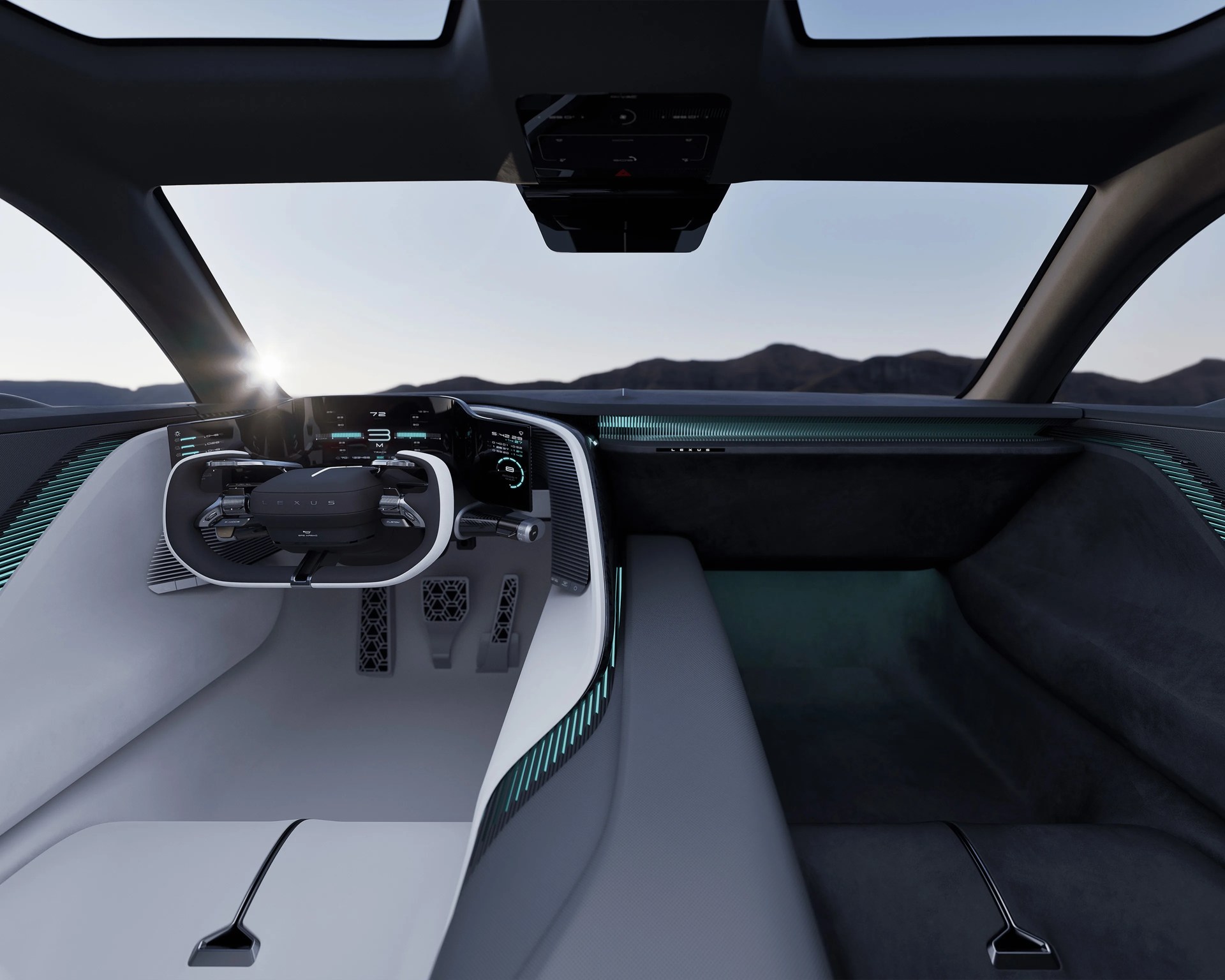 Futuristic Lexus car interior with a rectangular steering wheel, digital dashboard, and panoramic roof.