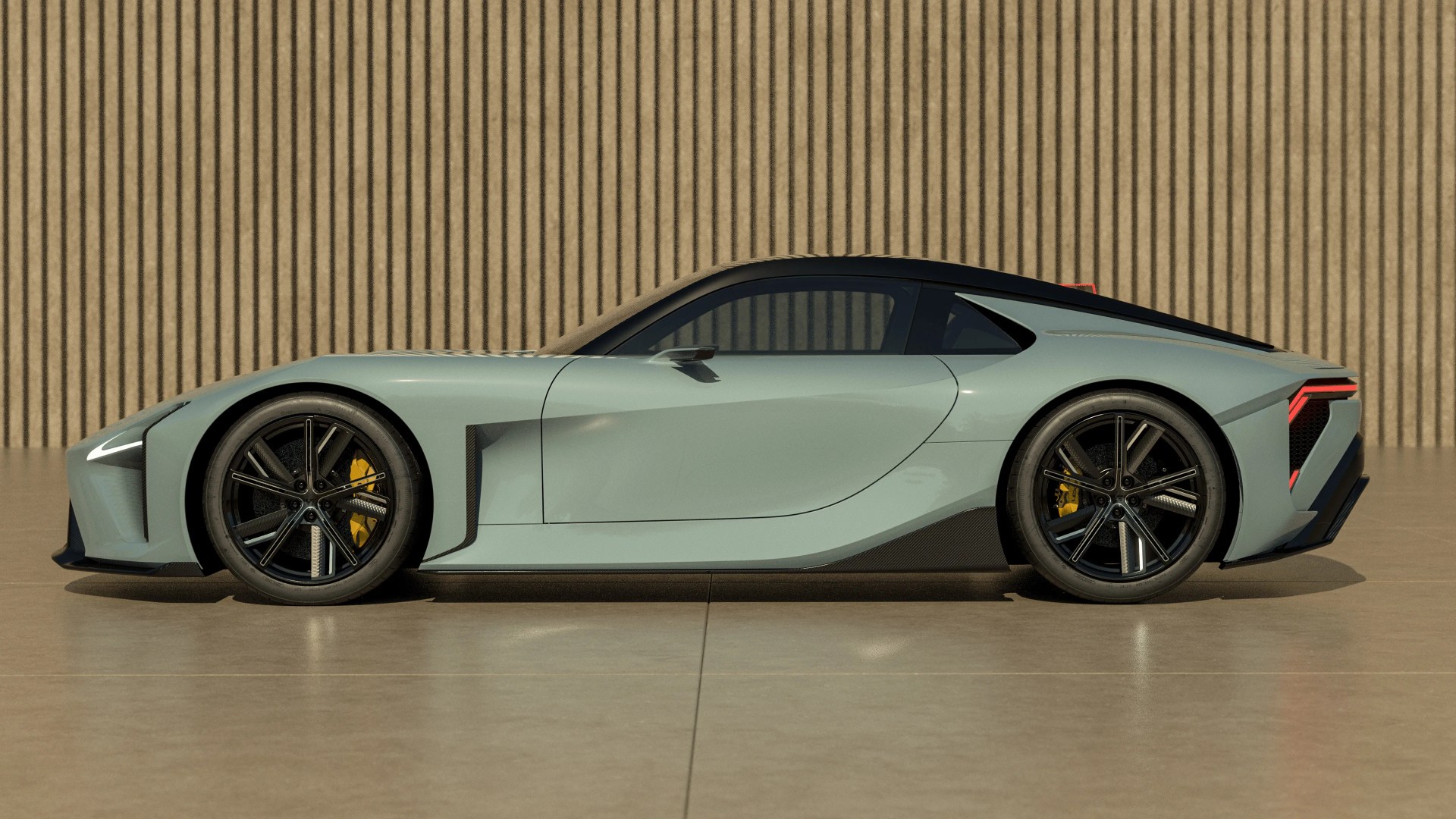 Sleek light blue sports car with black roof, black wheels, and yellow brake calipers parked on a concrete floor.