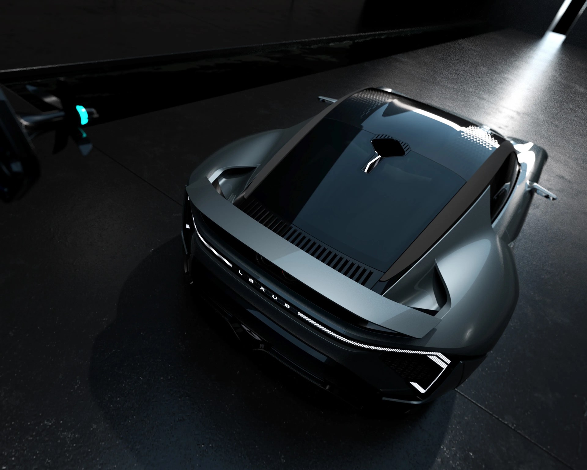 Sleek silver Lexus sports car with futuristic rear design and illuminated taillights in a dark garage.