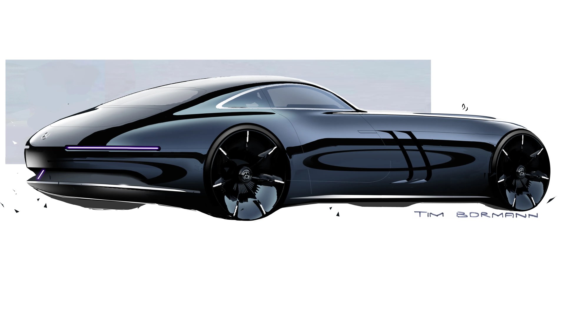 Sleek black futuristic coupe car with smooth curves, large black wheels, and purple accent lights.