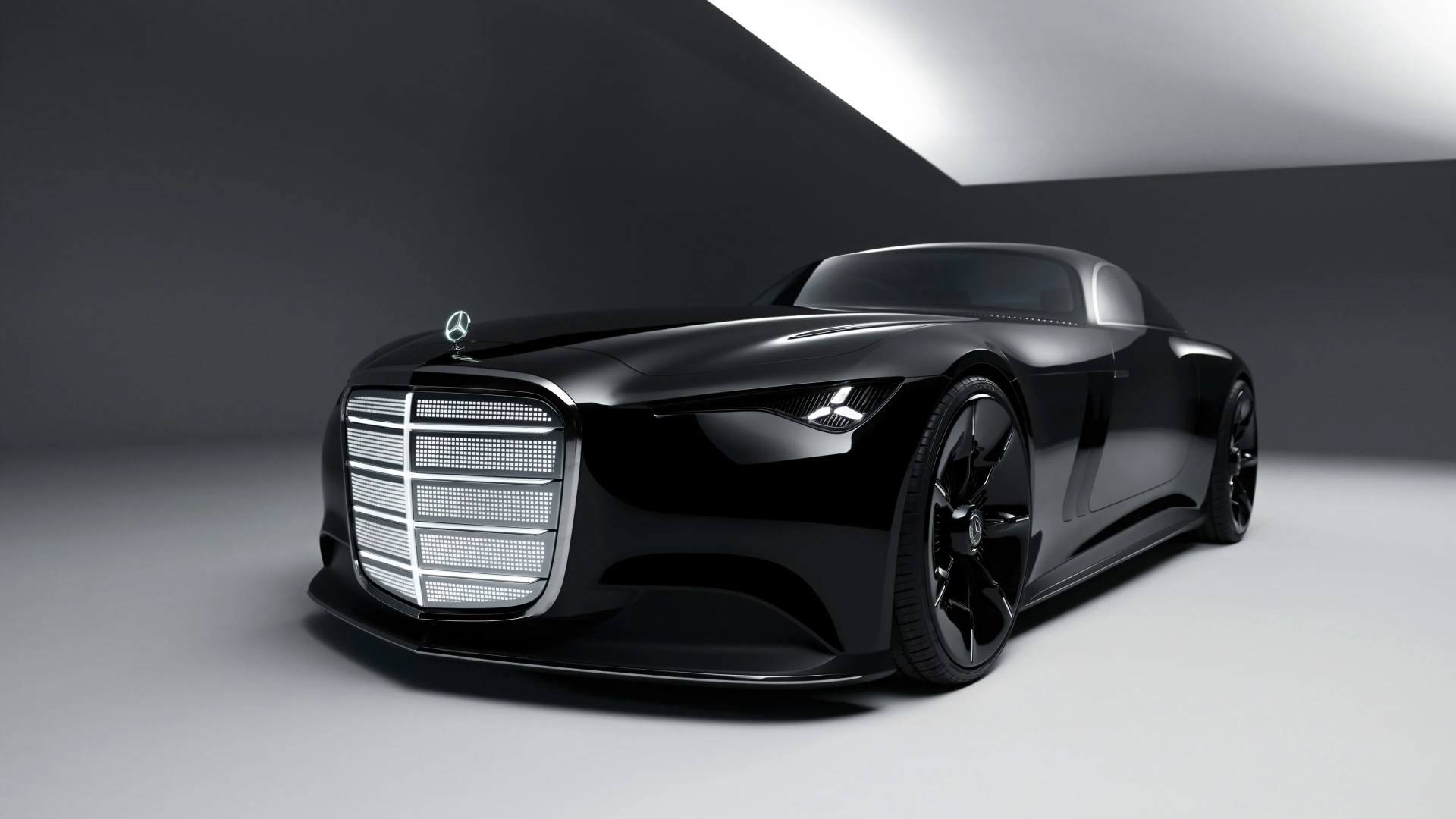Glossy black Mercedes-Benz luxury coupe with illuminated grille and sleek aerodynamic design in a minimalist studio.