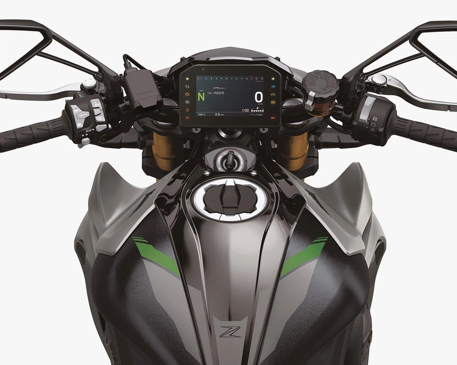 Close-up of a black and gray motorcycle fuel tank with green accents and digital dashboard showing neutral gear and zero speed.