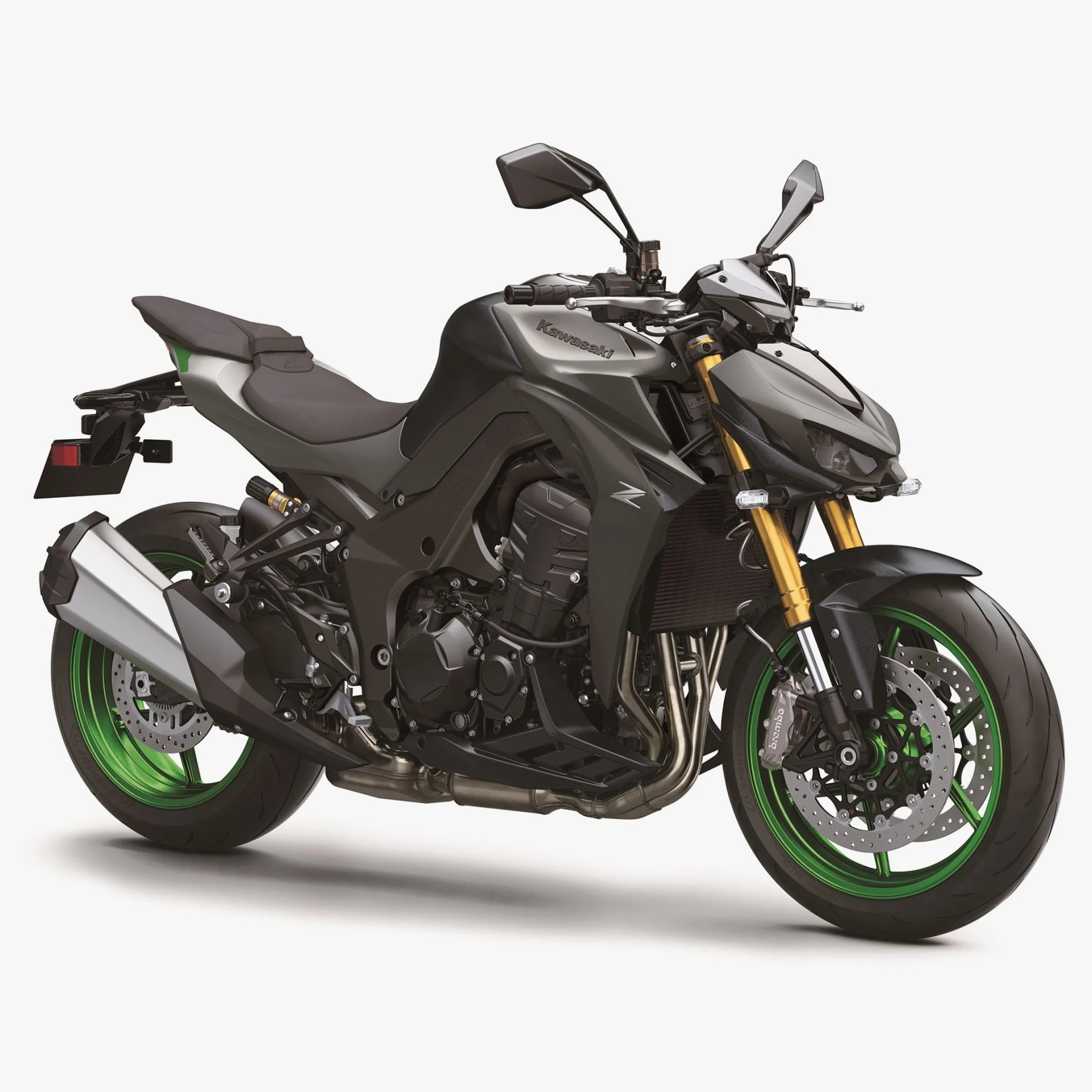 Matte black Kawasaki Z motorcycle with green rims and gold front forks on a white background.