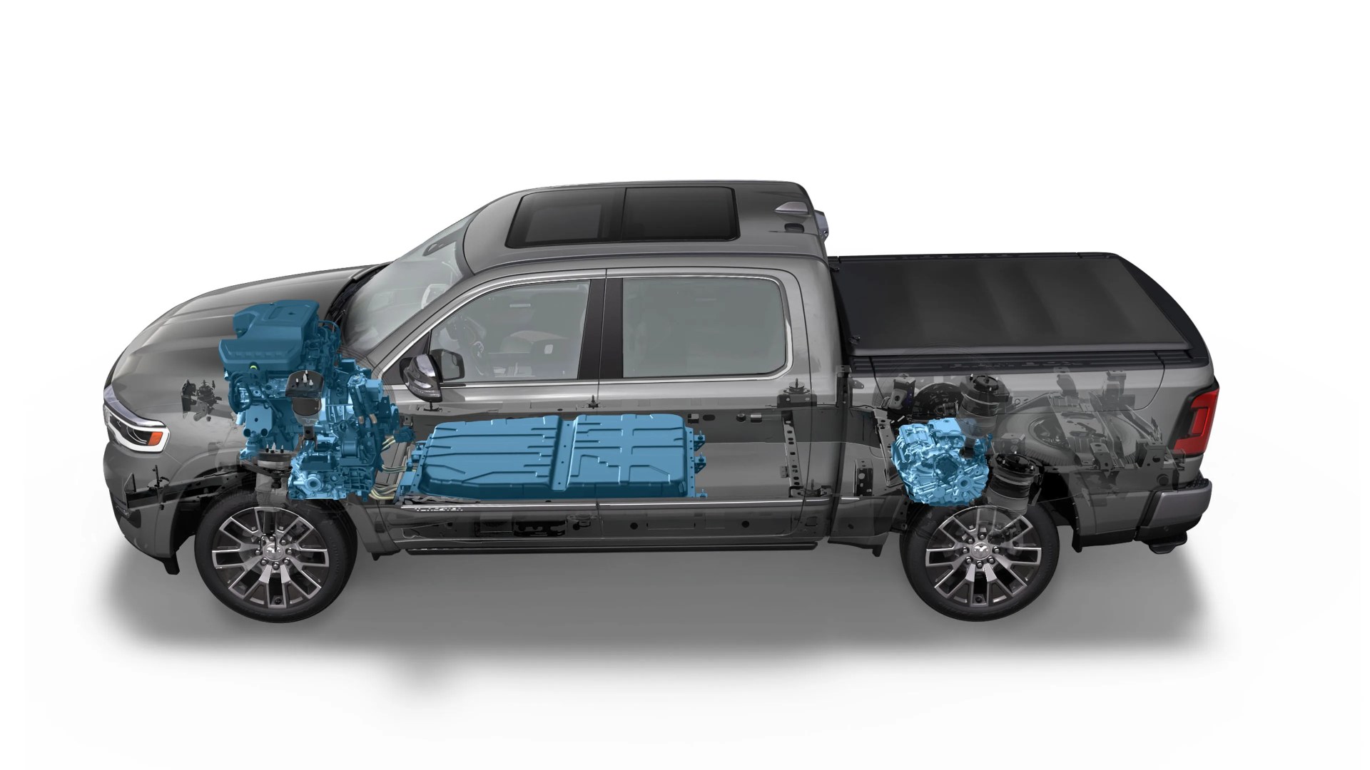 Gray pickup truck with transparent body showing blue electric powertrain components including battery and motors.