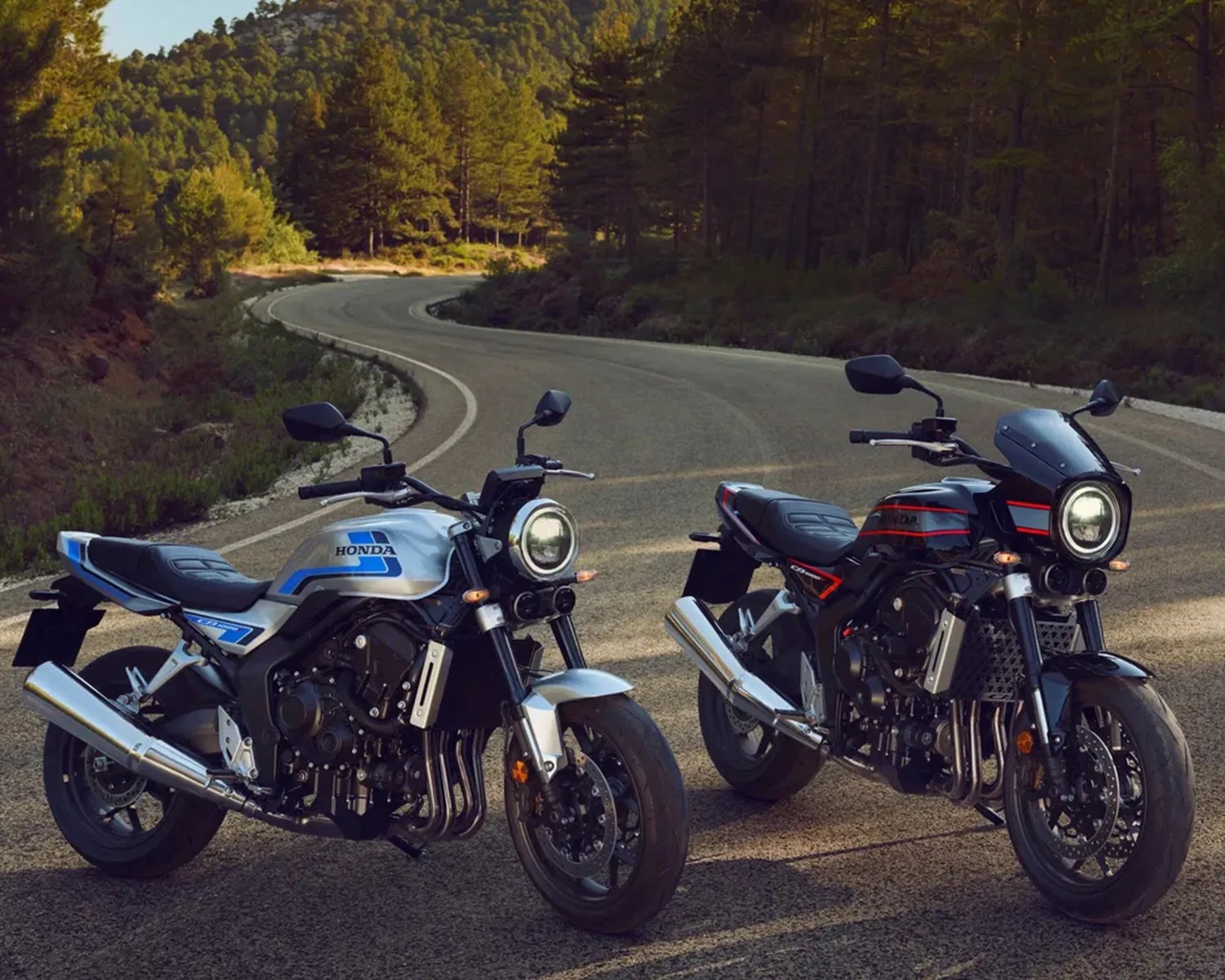 Two Honda motorcycles, one silver with blue accents and one black with red accents, parked on a winding forest road.
