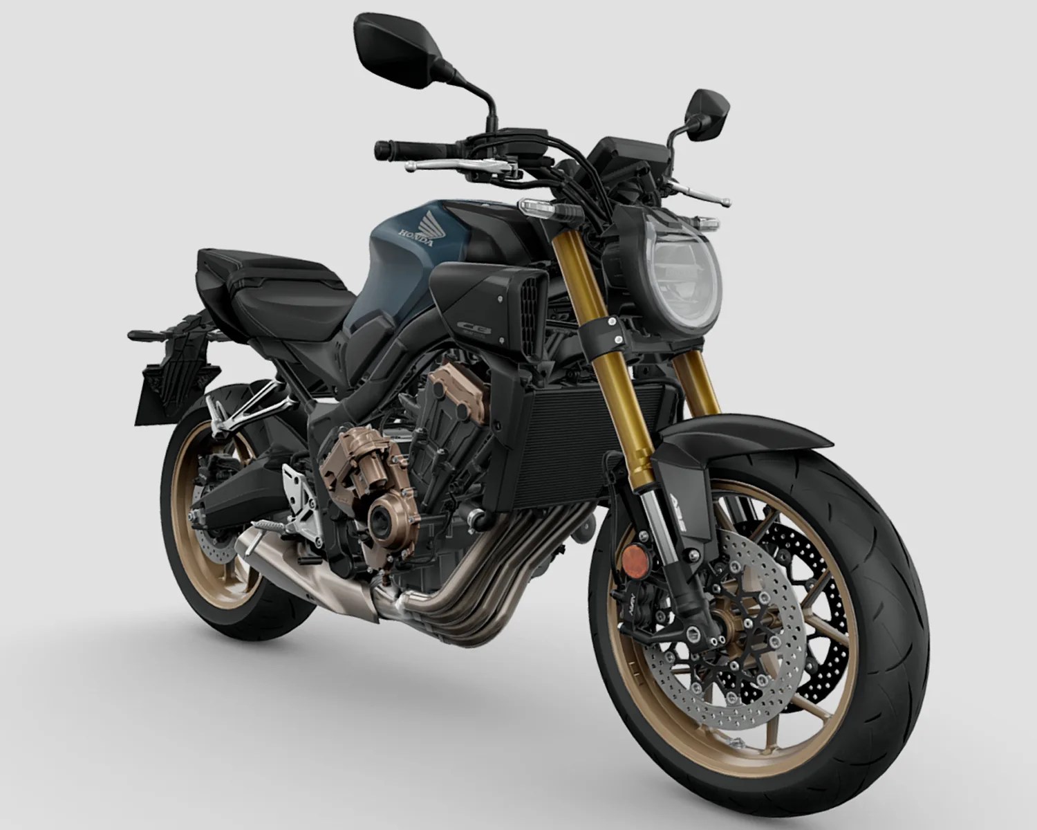 Blue and black Honda motorcycle with gold front forks and wheels, exposed engine, and round headlight.