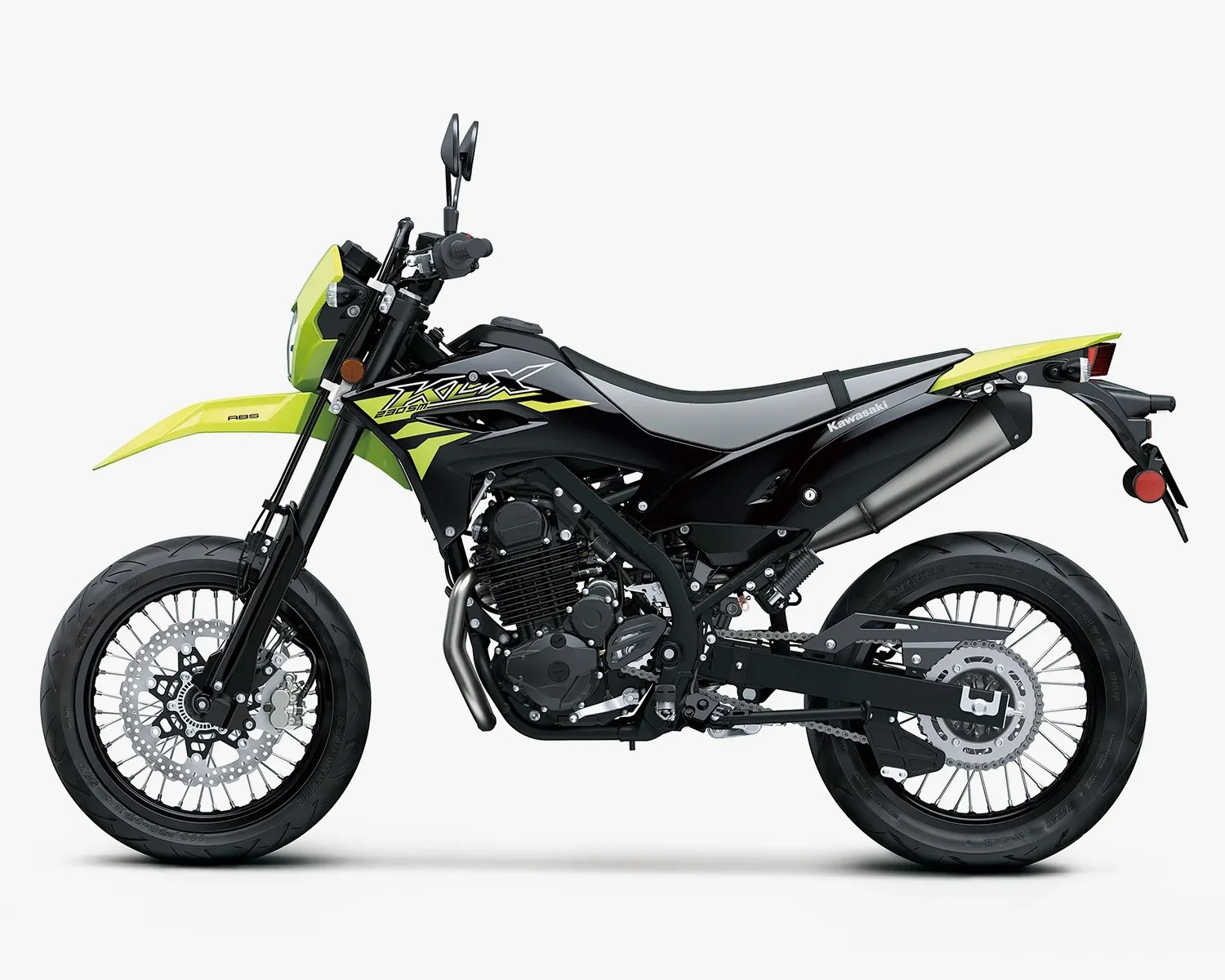 Black and lime green Kawasaki KLX 230SM motorcycle with street tires on a white background.