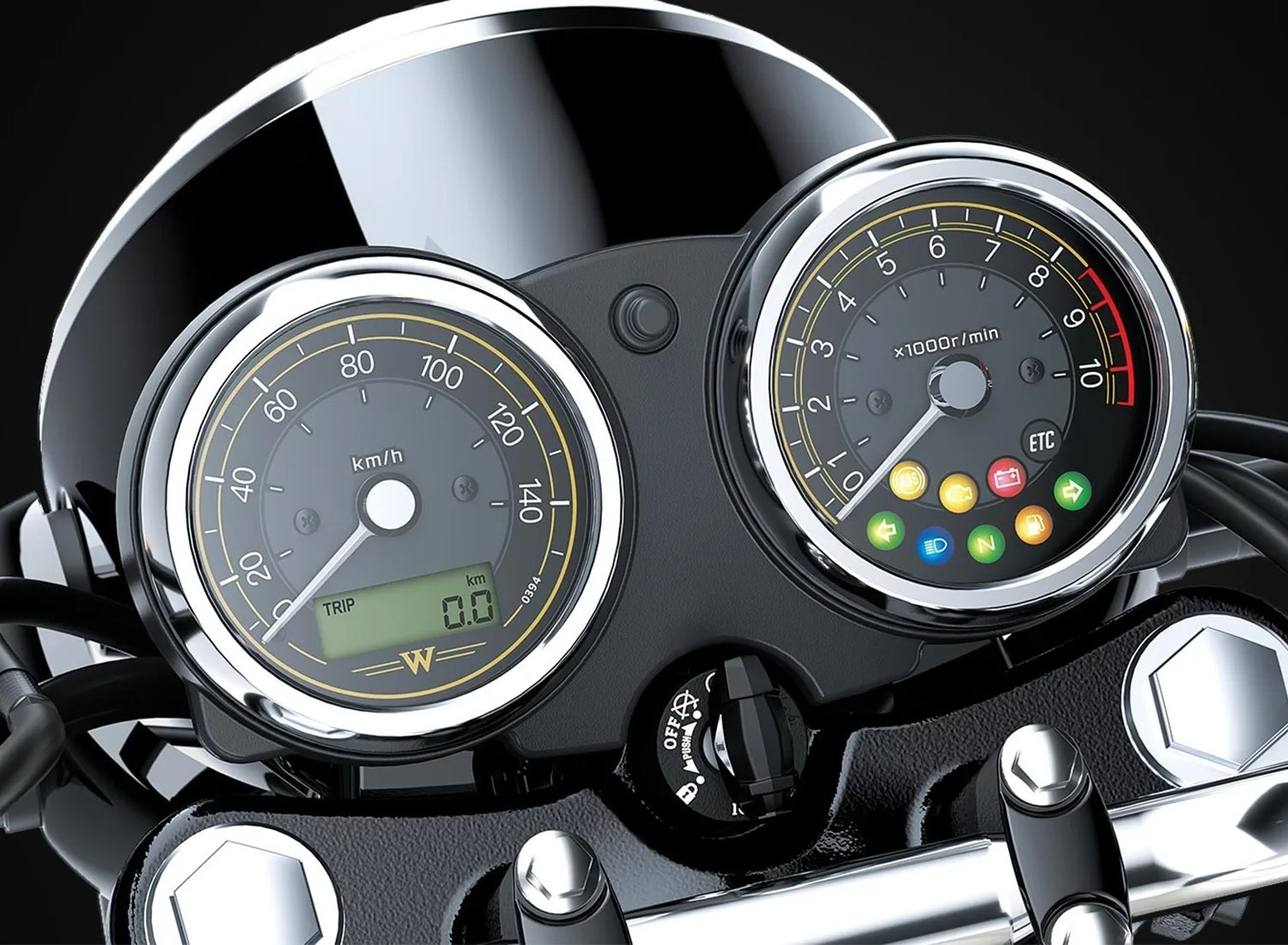 Close-up of a motorcycle dashboard showing a speedometer (km/h) and tachometer (x1000 r/min) with indicator lights.