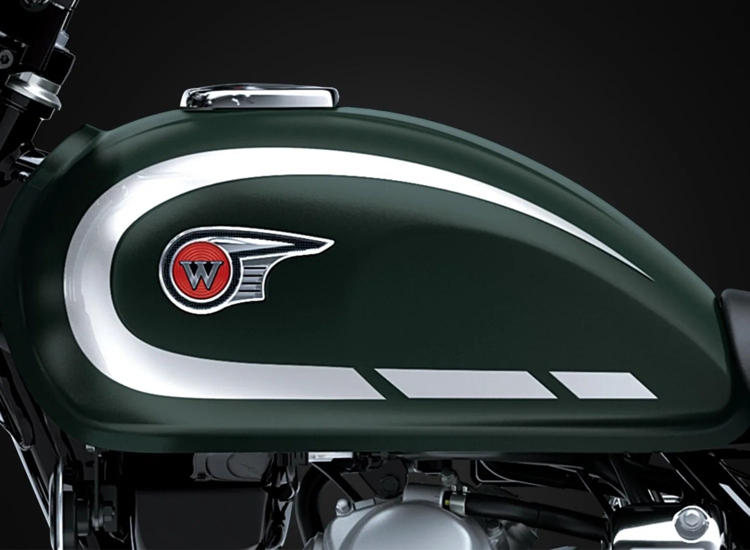 Dark green motorcycle fuel tank with white stripes and a red "W" logo on the side.
