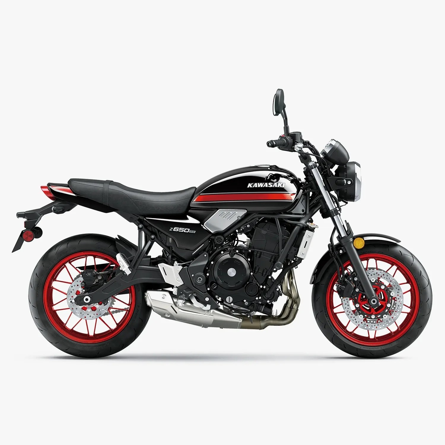 Black Kawasaki Z650 RS motorcycle with red rims and red stripe on the fuel tank.