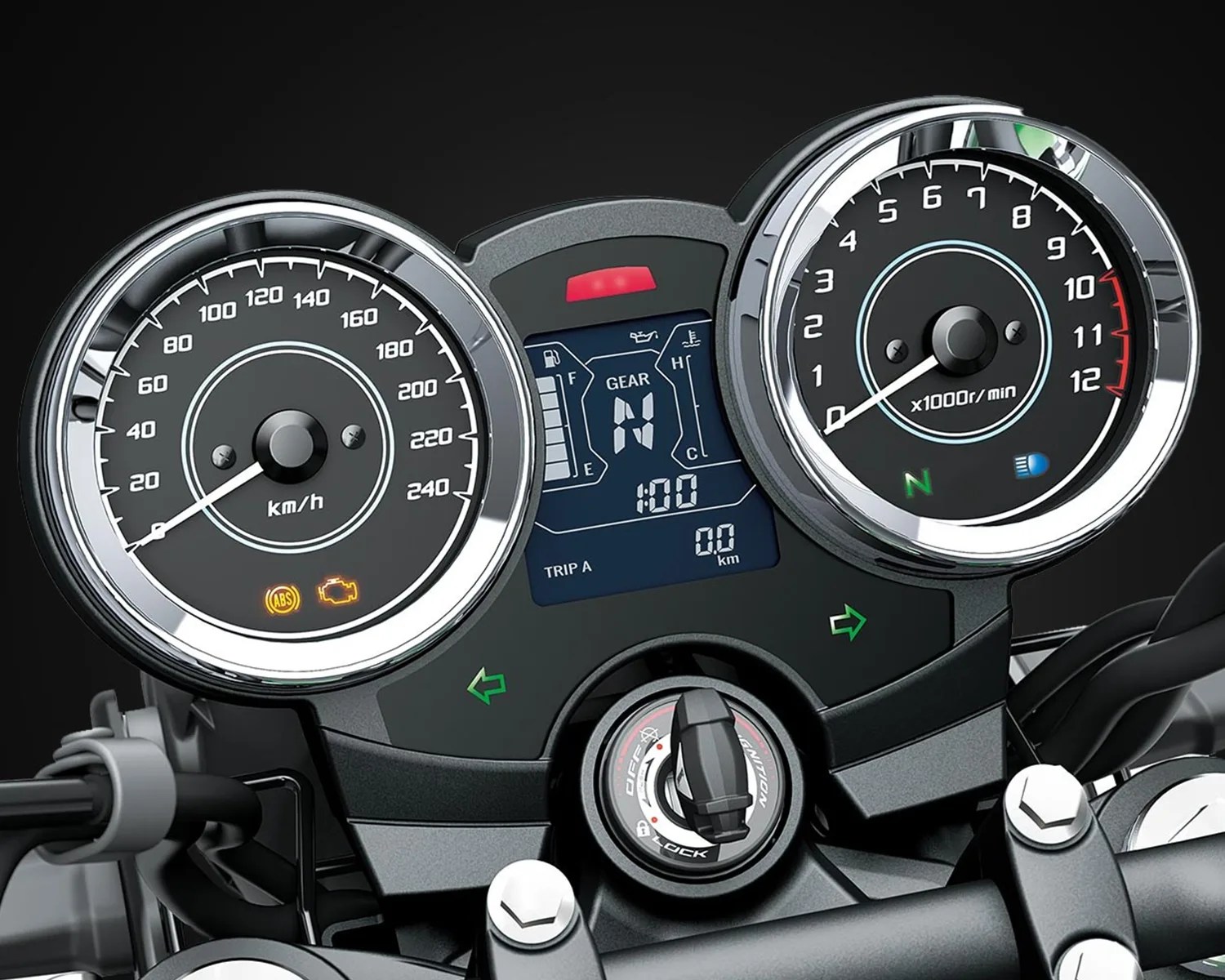 Motorcycle dashboard with analog speedometer and tachometer, digital gear indicator, fuel gauge, and ignition switch.