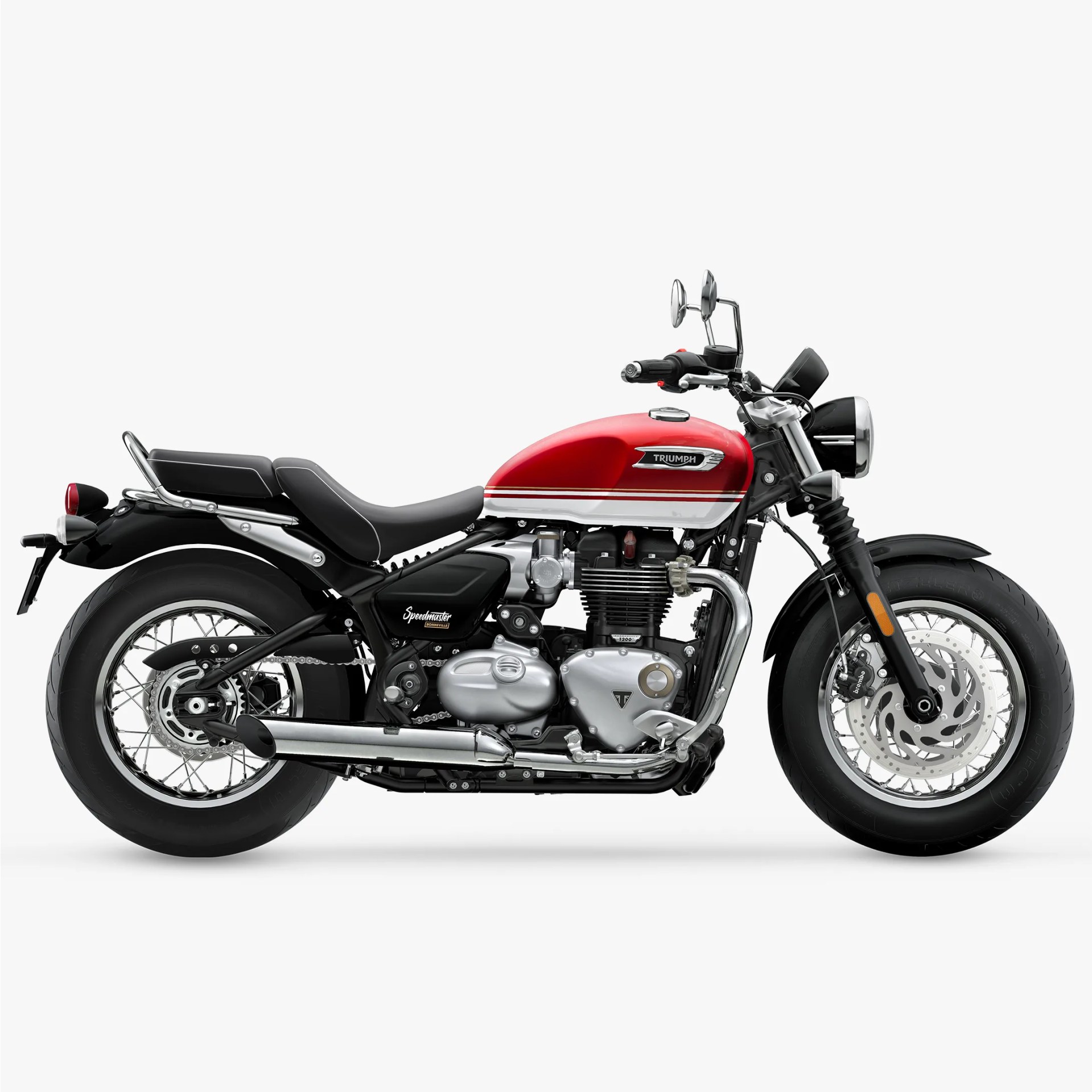 Red and black Triumph Speedmaster motorcycle with chrome exhaust and black seat on a white background.