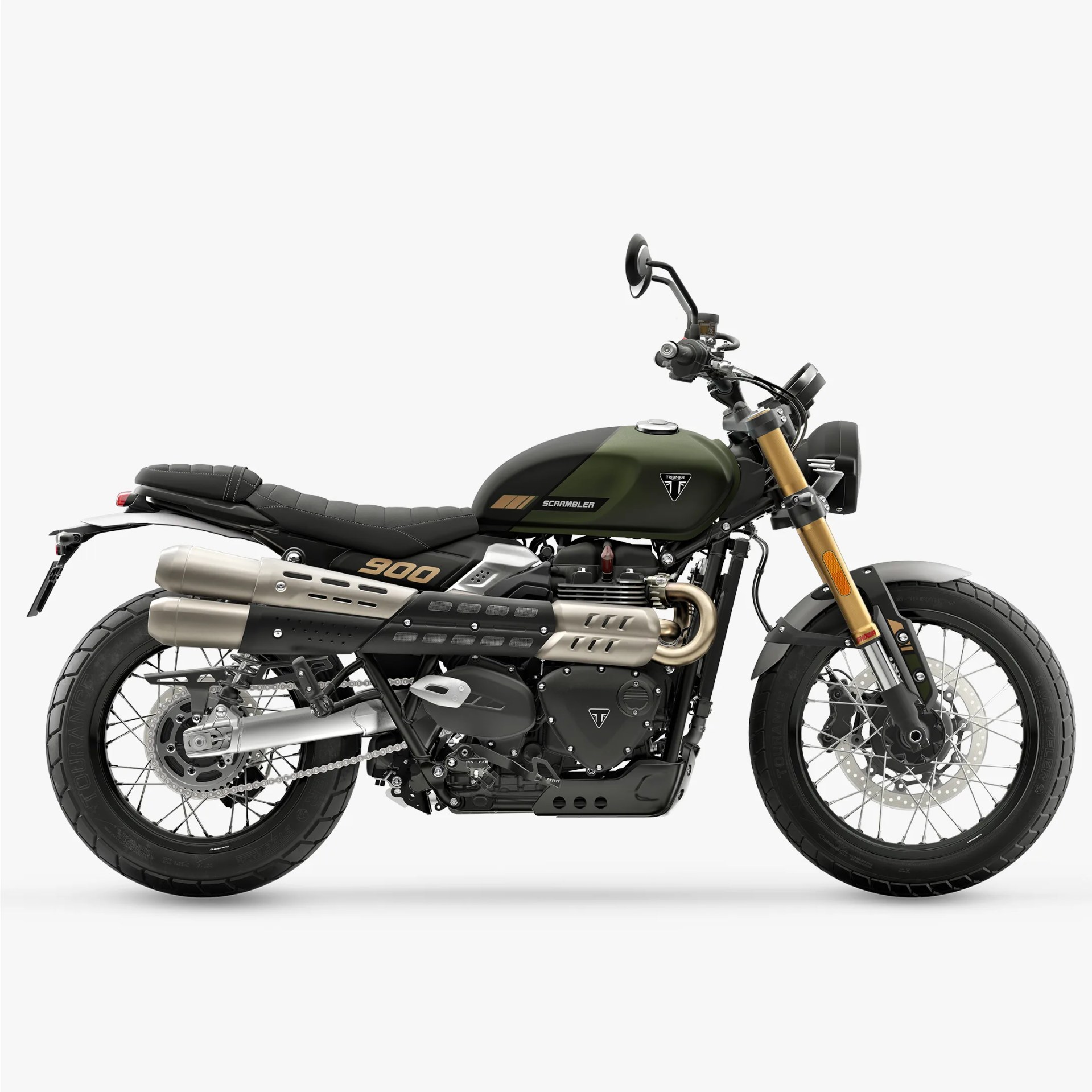 Matte green and black Triumph Scrambler 900 motorcycle with gold front forks and dual exhaust pipes.
