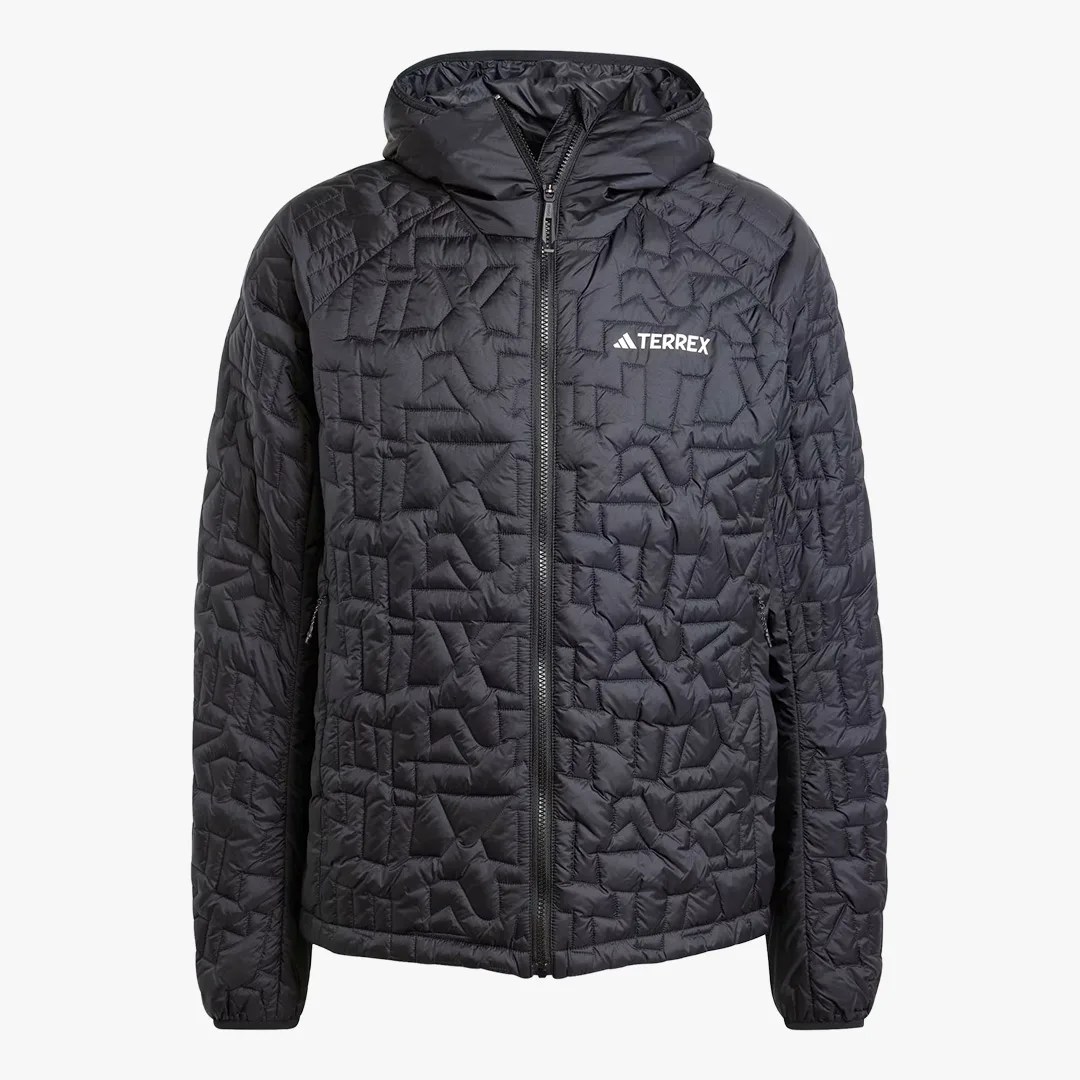 Black quilted Adidas Terrex hooded jacket with front zipper and logo on chest.