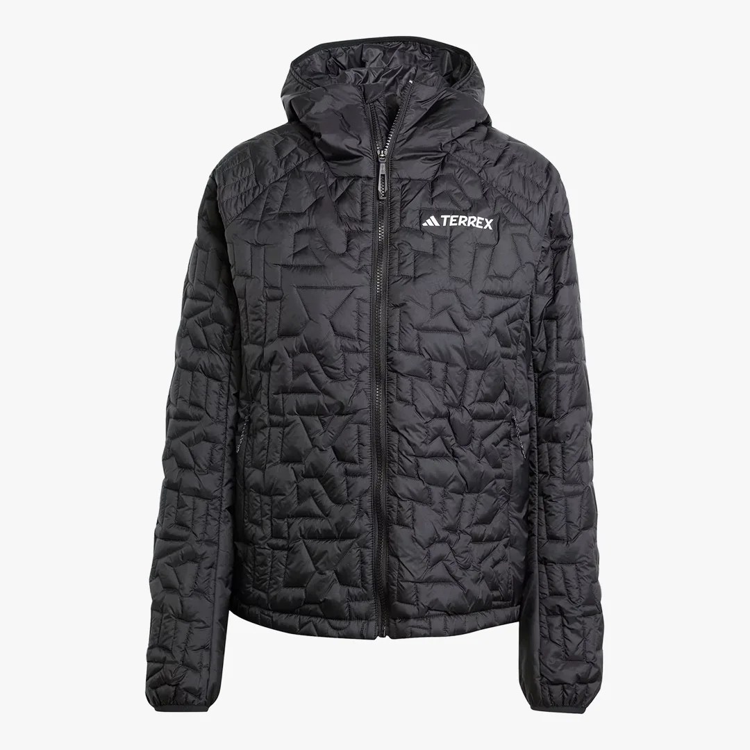Black quilted hooded jacket with front zipper and white Terrex logo on chest.