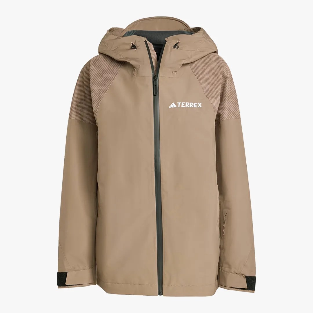 Light brown Adidas Terrex hooded jacket with striped shoulder panels and front zipper.
