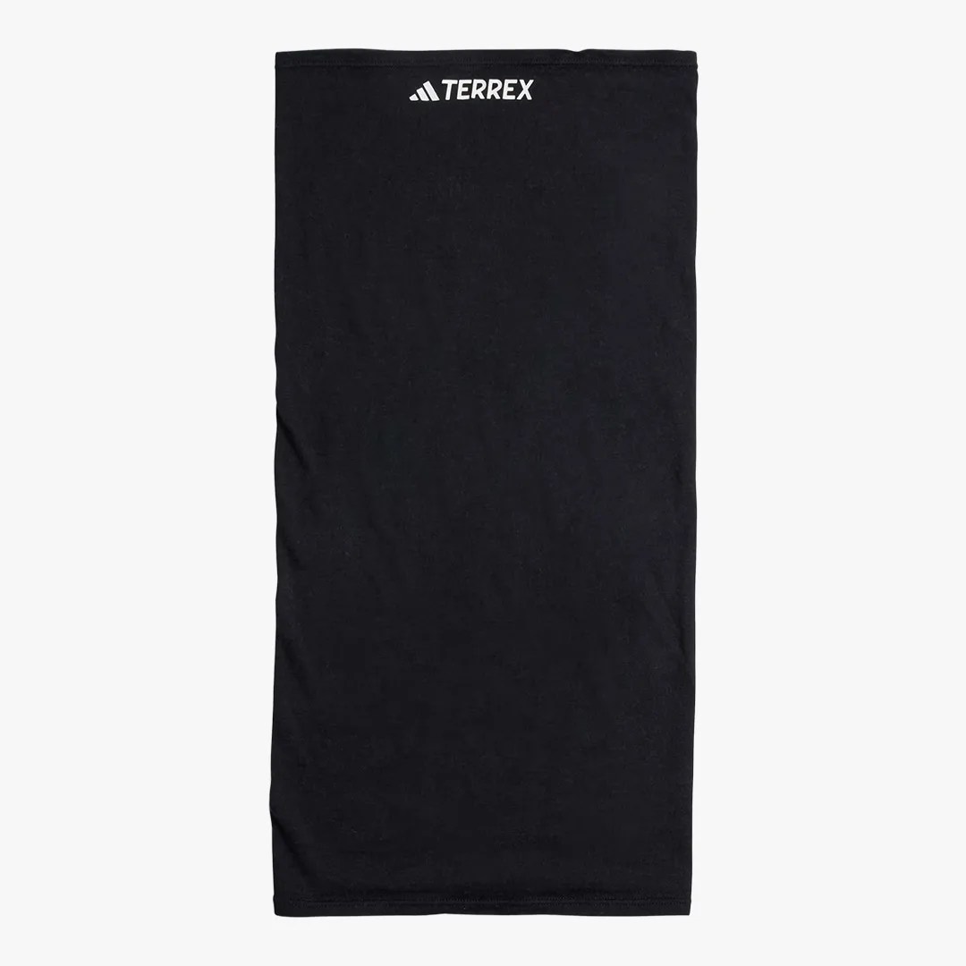 Black rectangular neck gaiter with white Adidas Terrex logo at the top center.
