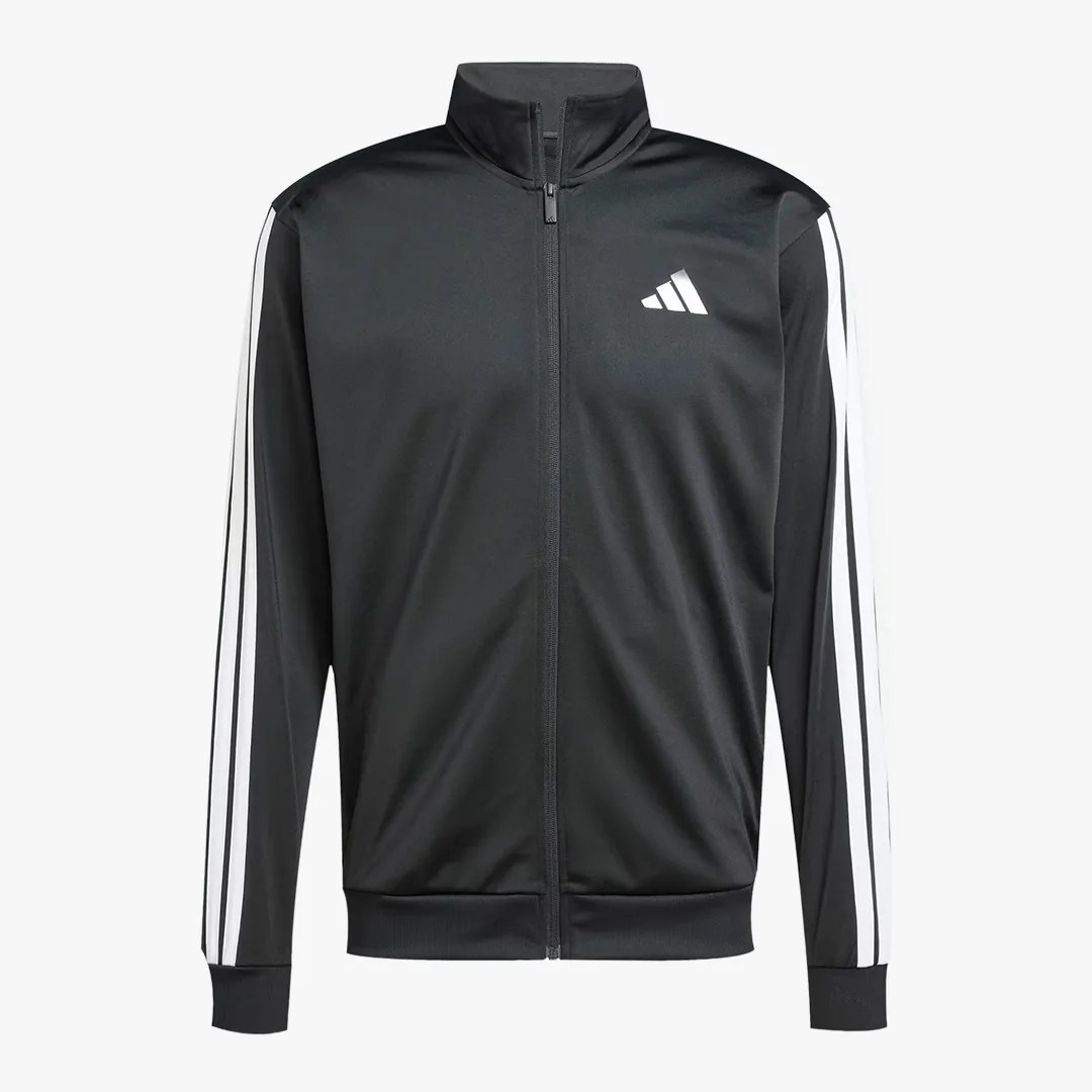 Black Adidas track jacket with white three stripes on sleeves and white logo on chest.