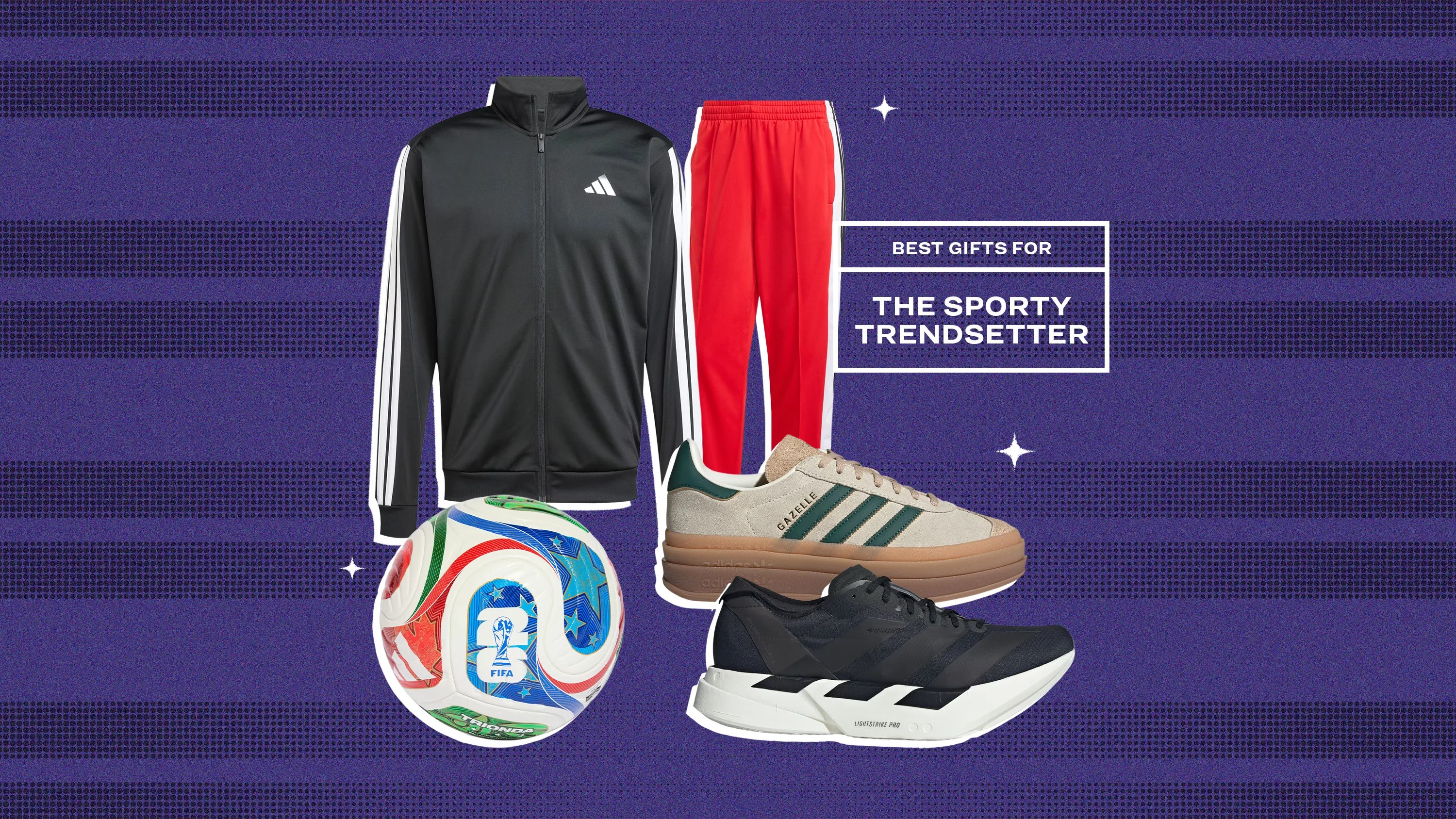 Black Adidas track jacket with white stripes, red track pants, multicolor FIFA soccer ball, beige Adidas Gazelle sneakers, and black Adidas running shoes on purple background.