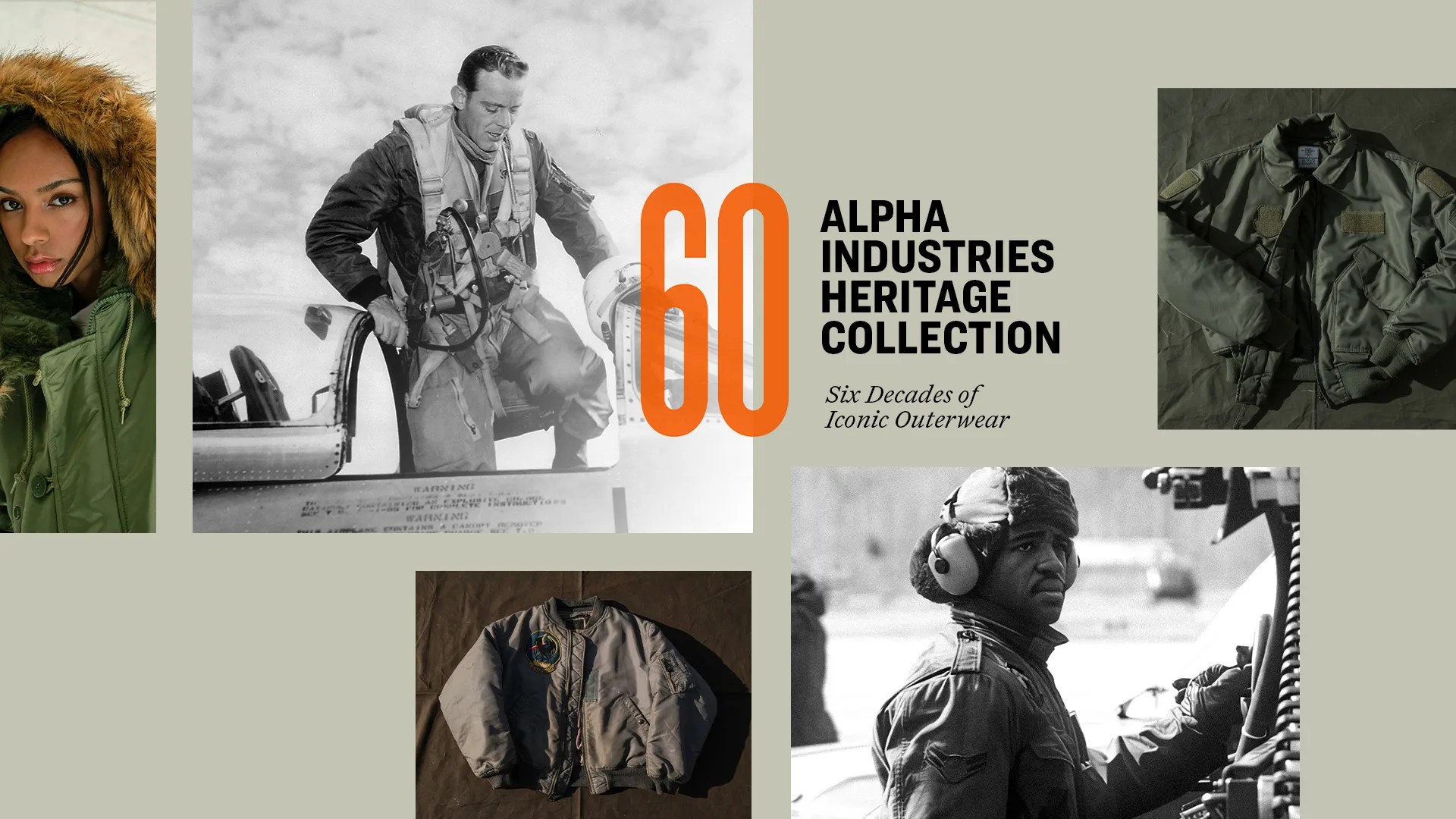 Collage featuring vintage military-style jackets and pilots, with text "60 Alpha Industries Heritage Collection Six Decades of Iconic Outerwear.