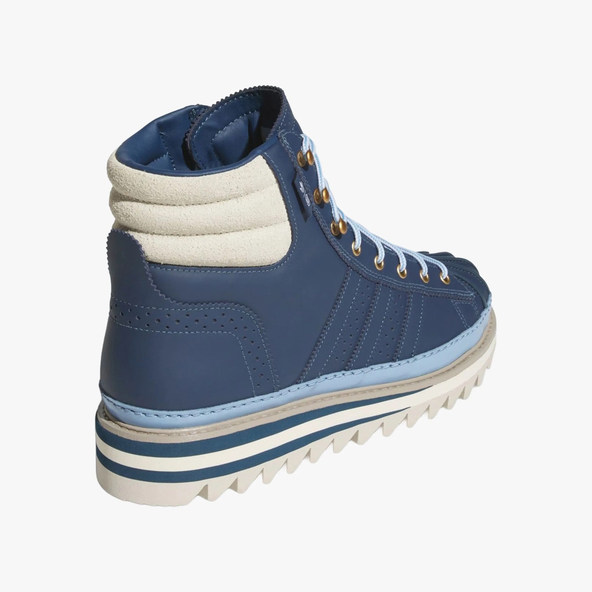 Navy blue high-top sneaker with light blue laces, beige padded collar, and striped white and blue sole.