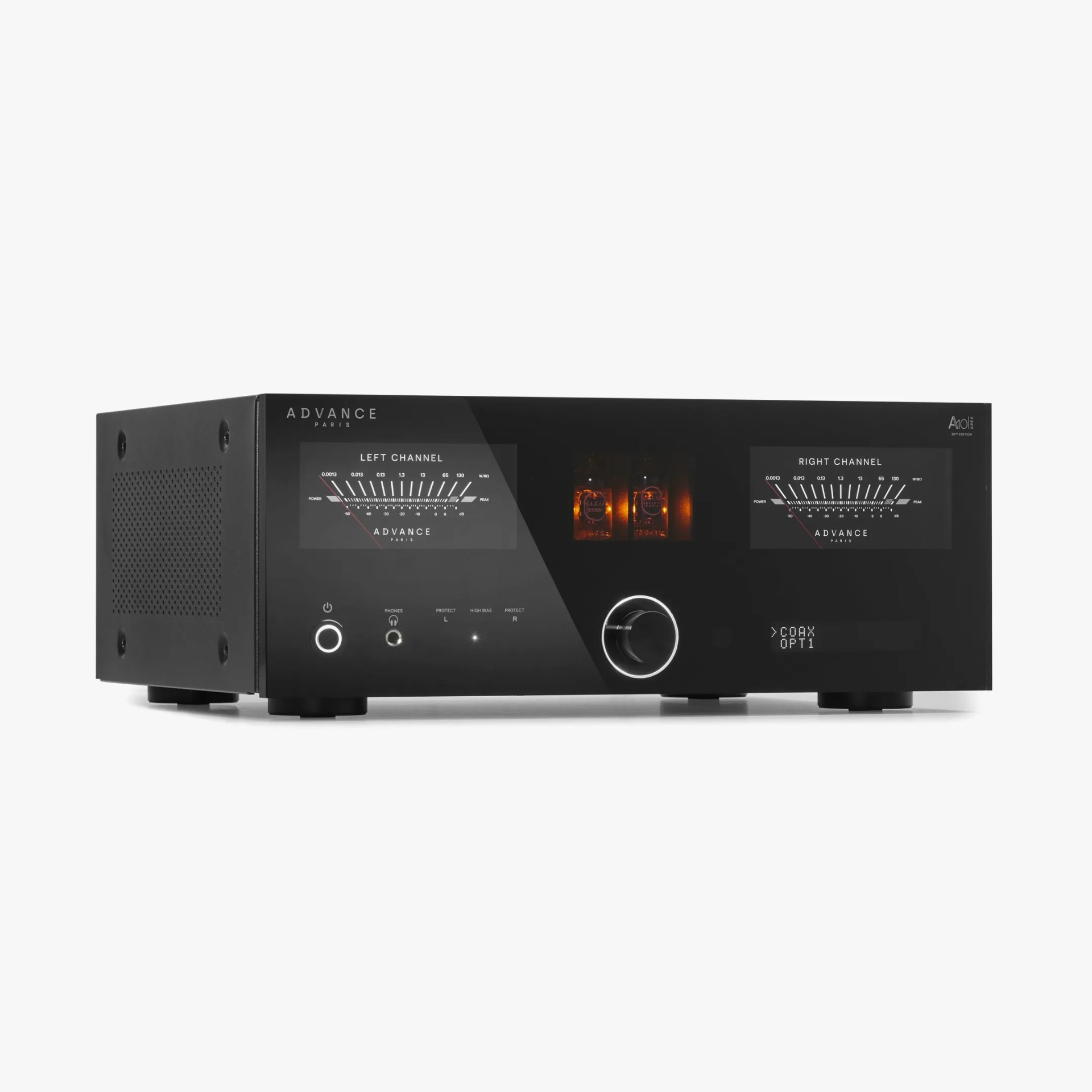 Black Advance Paris stereo amplifier with illuminated analog meters and glowing vacuum tubes.