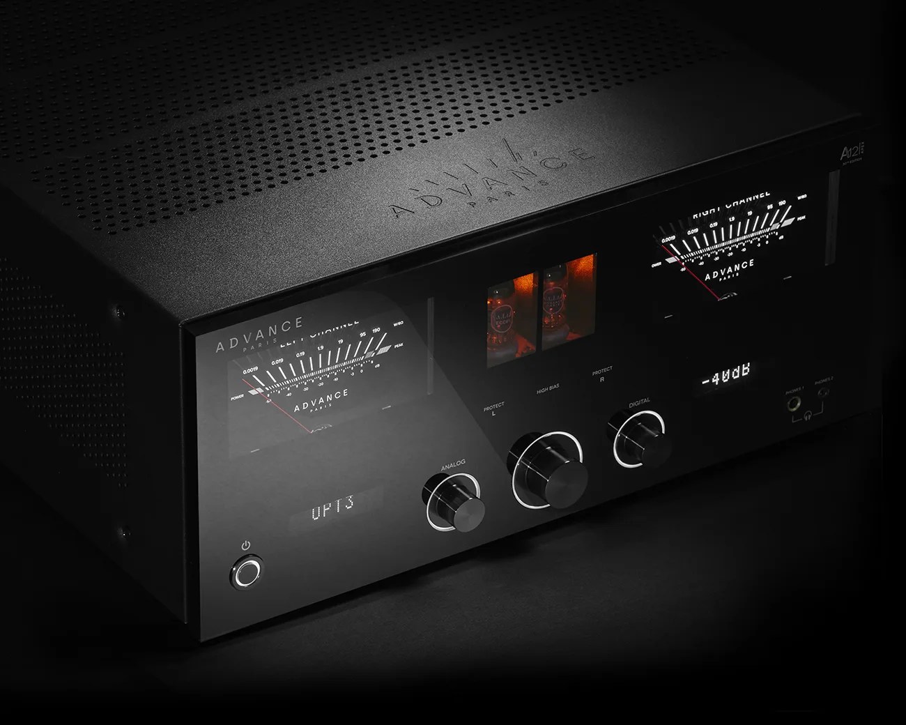 Black Advance Paris A12 HiFi stereo amplifier with analog and digital knobs and illuminated vacuum tubes.