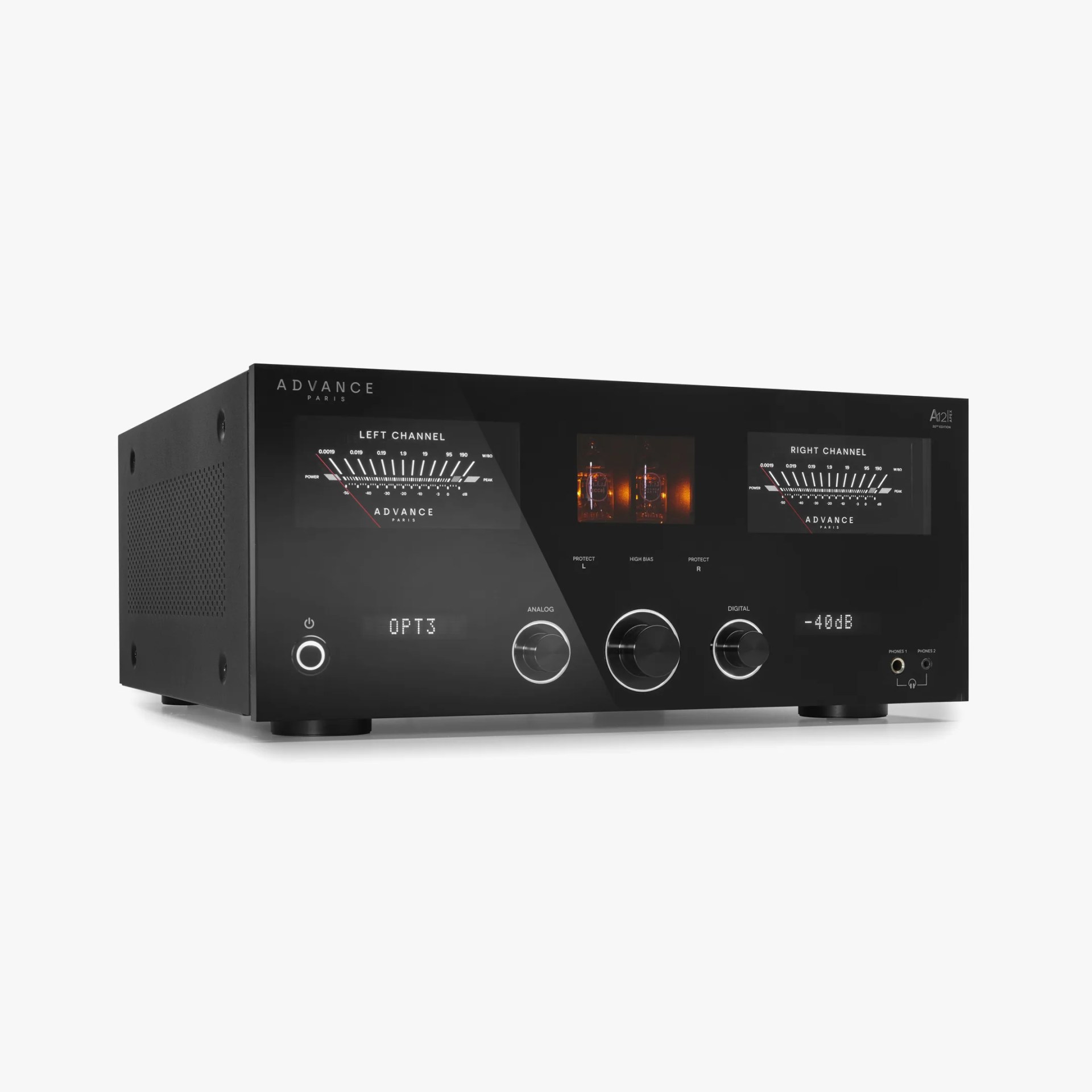 Black Advance Paris A21E hybrid tube amplifier with analog and digital controls and VU meters.