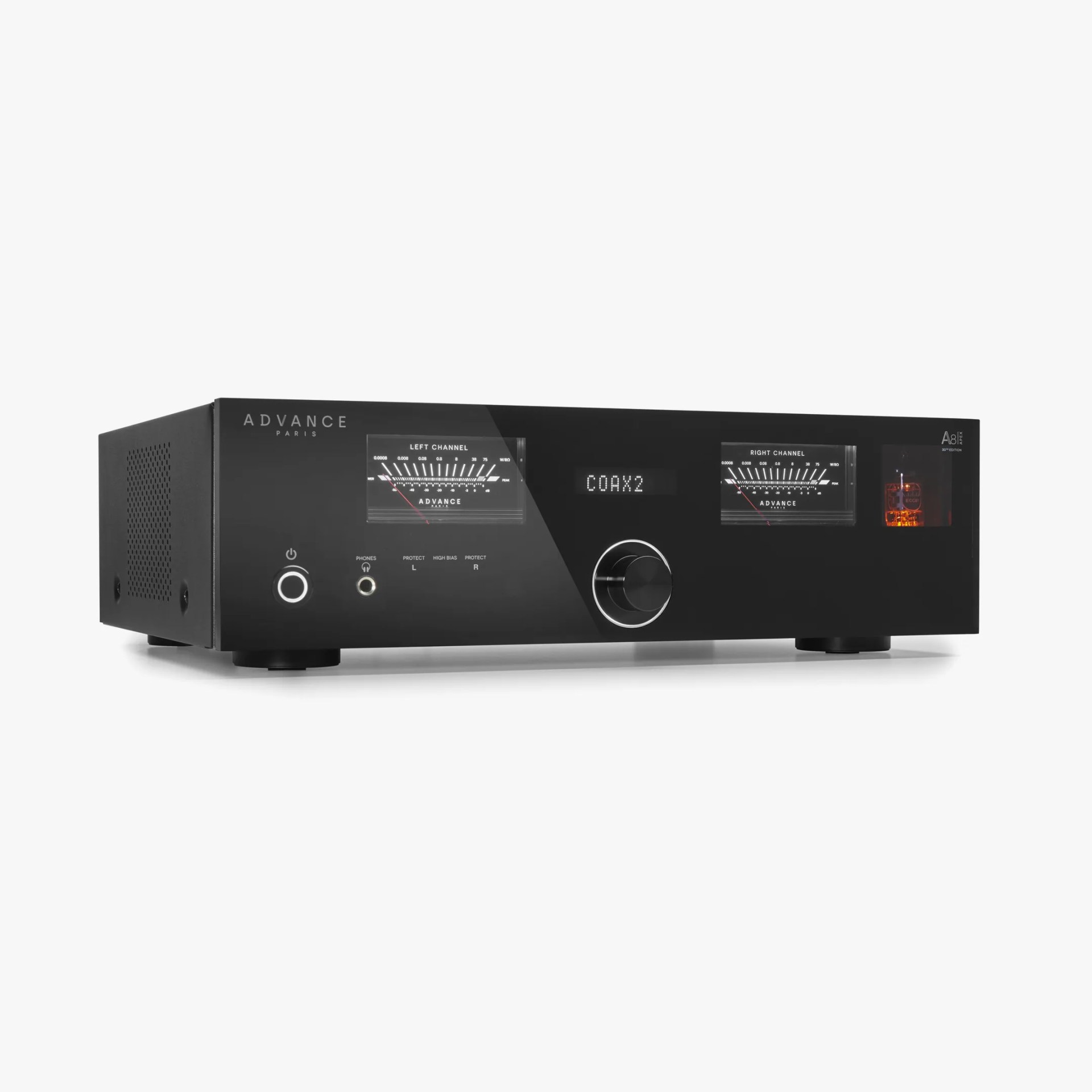 Black Advance Paris A8X integrated amplifier with analog VU meters and a glowing vacuum tube visible on the right side.