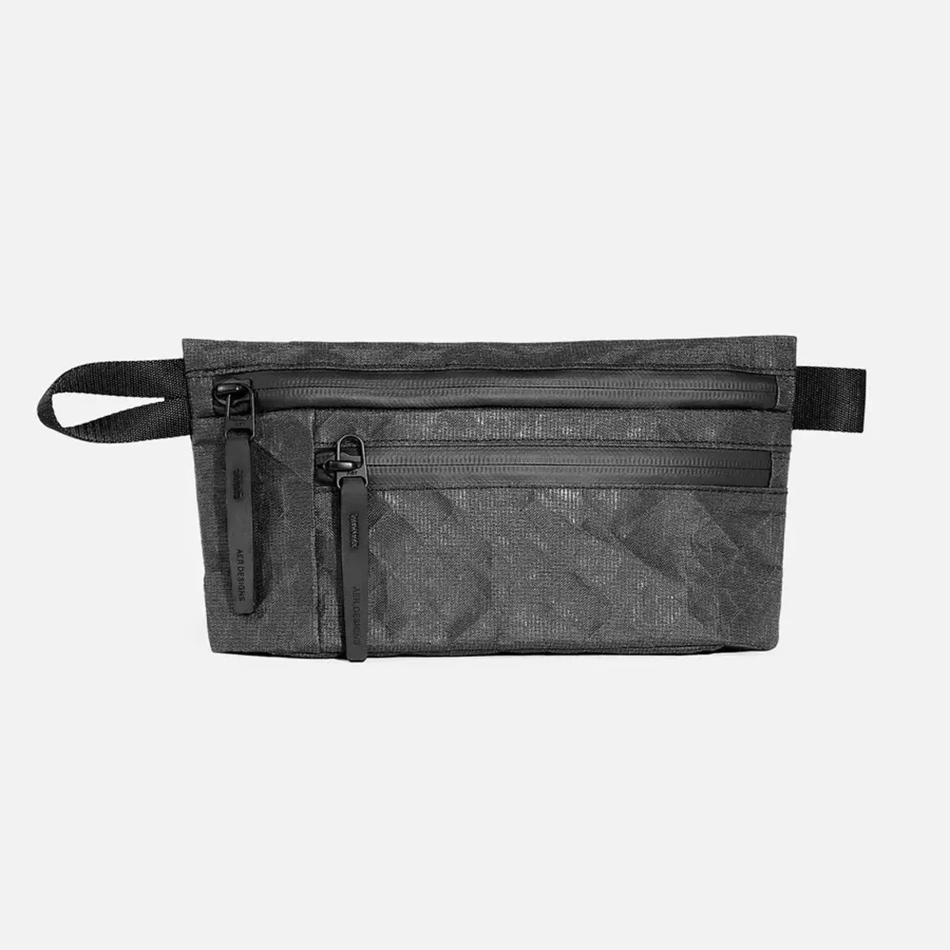 Dark gray rectangular pouch with two horizontal zippered compartments and a side loop handle.