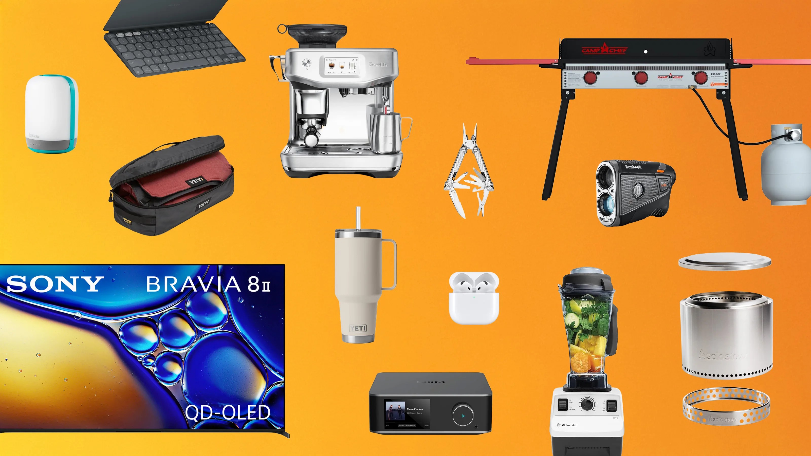 Collage of various consumer electronics and outdoor gear including a Sony Bravia TV, Breville espresso machine, Vitamix blender, Yeti tumbler and bag, wireless earbuds, multi-tool, propane grill, and a Solo Stove.
