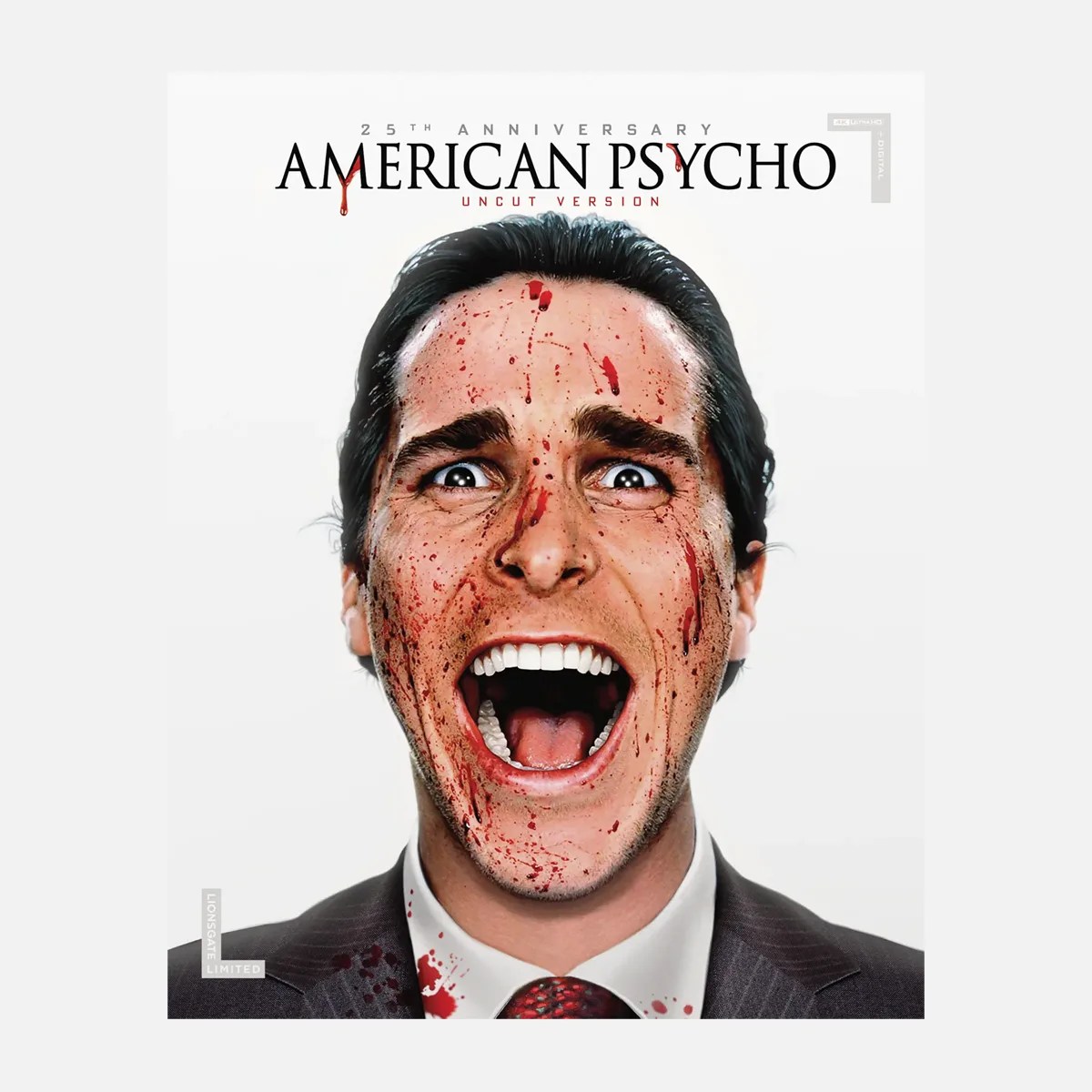Close-up of a man in a suit with blood splattered on his face and shirt, mouth open wide in a scream.