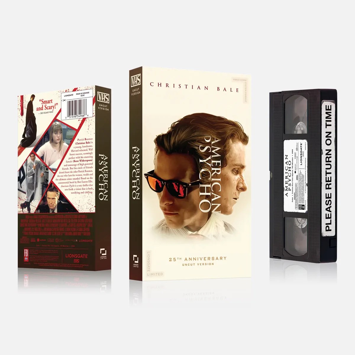 VHS tape and case of "American Psycho" 25th Anniversary Uncut Version featuring Christian Bale on the cover.