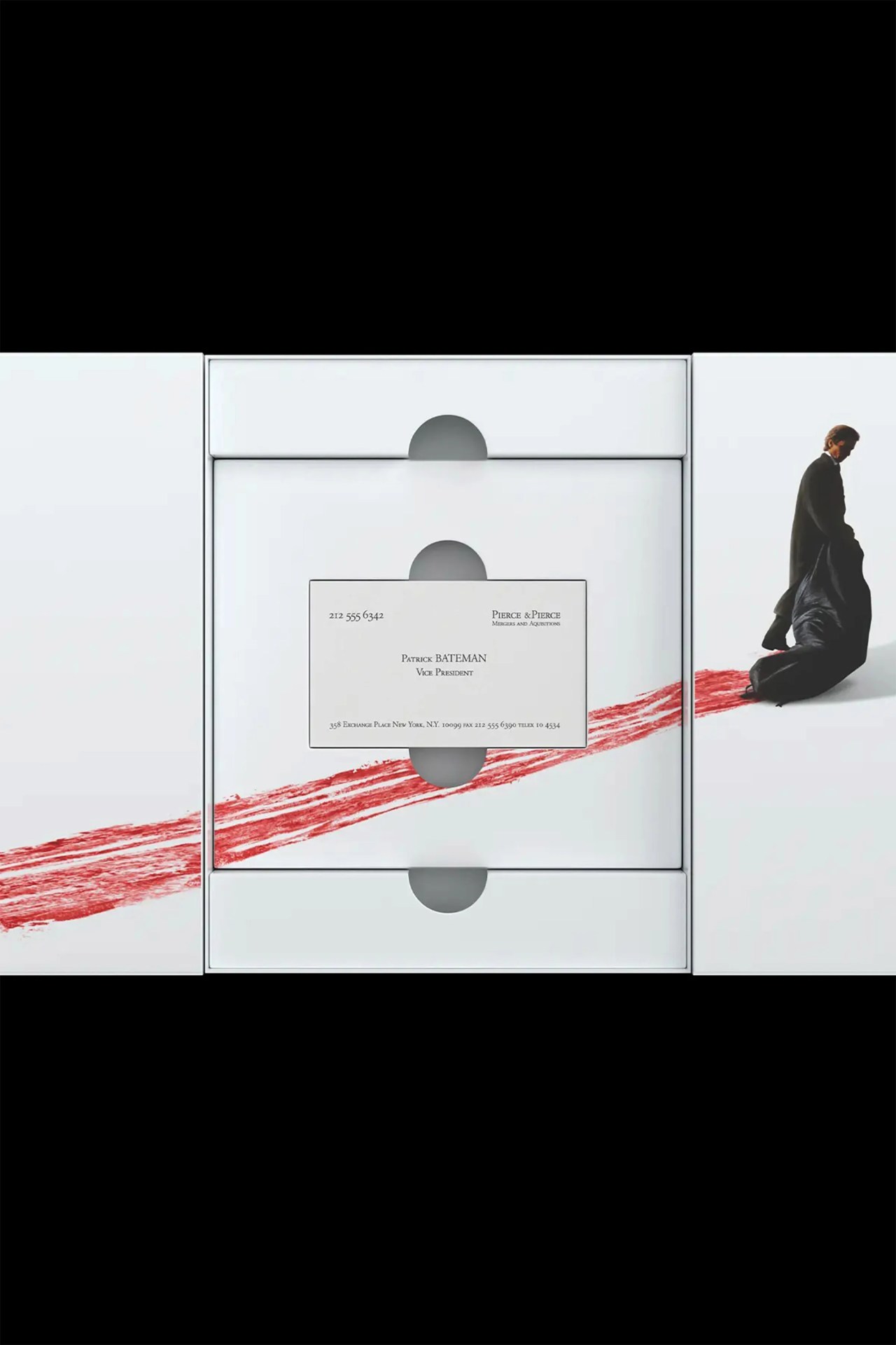 White box set with a business card labeled "Patrick Bateman, Vice President" and a red streak leading to a man in a black coat dragging a body.