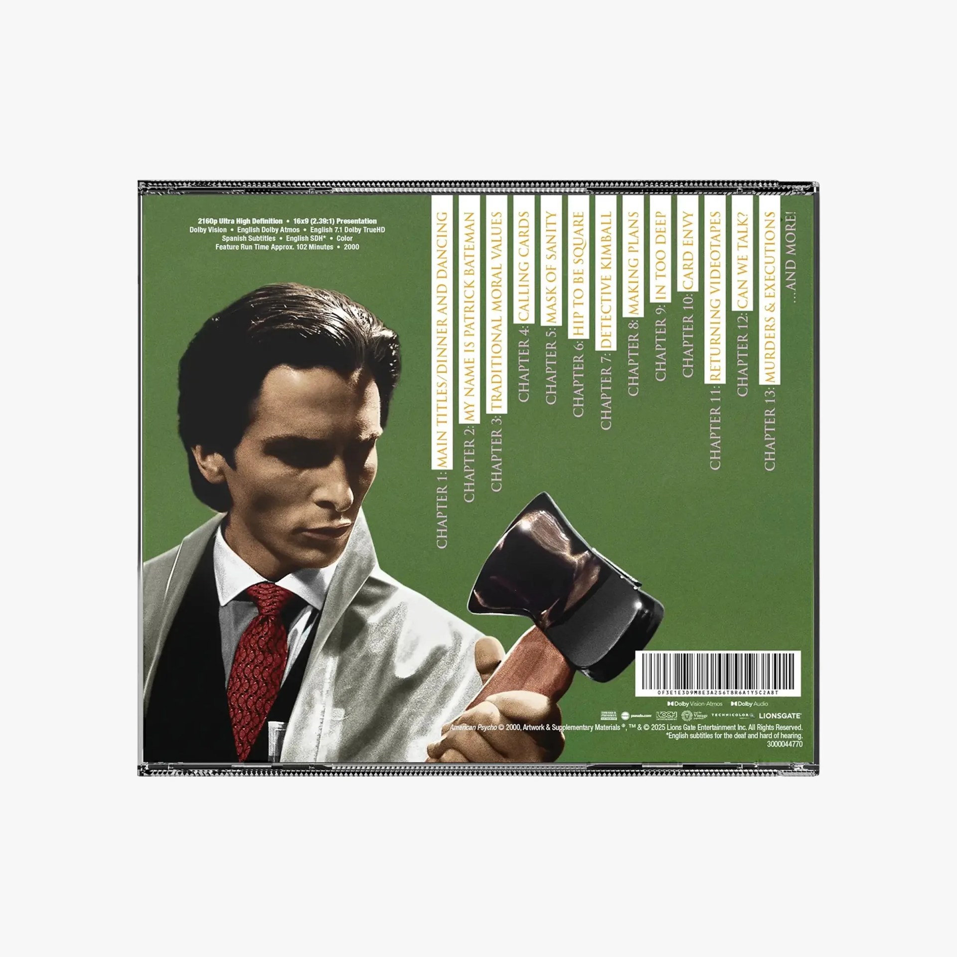 Blu-ray case back cover featuring a man in a suit holding an axe with a green background and chapter titles listed.