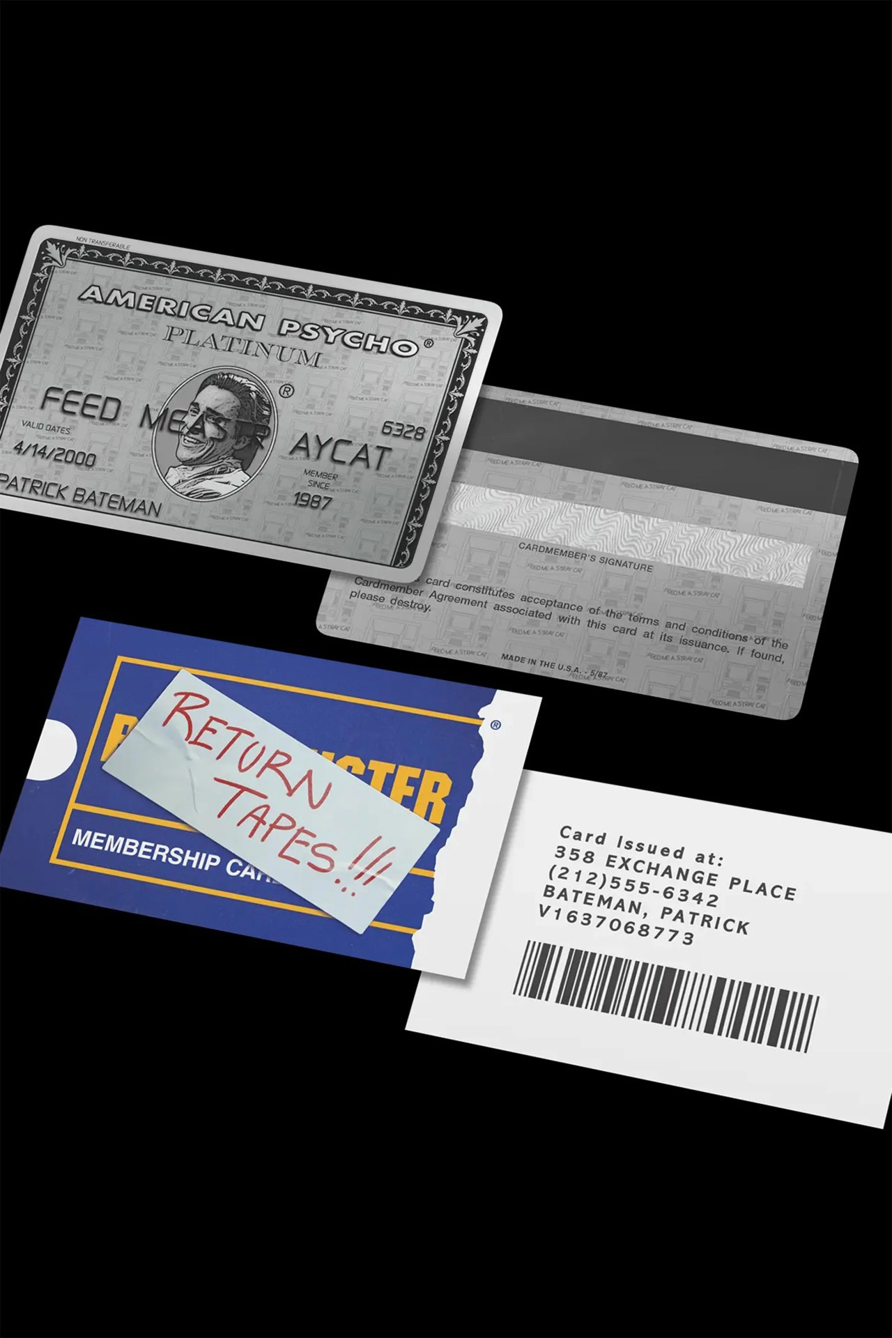 Two membership cards on a black background, one labeled "American Psycho Platinum" with a portrait and the name Patrick Bateman, the other a blue and white card with a note saying "RETURN TAPES!!!