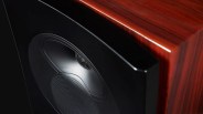 Close-up of a black speaker driver with a perforated dome and a glossy dark wood speaker cabinet corner.