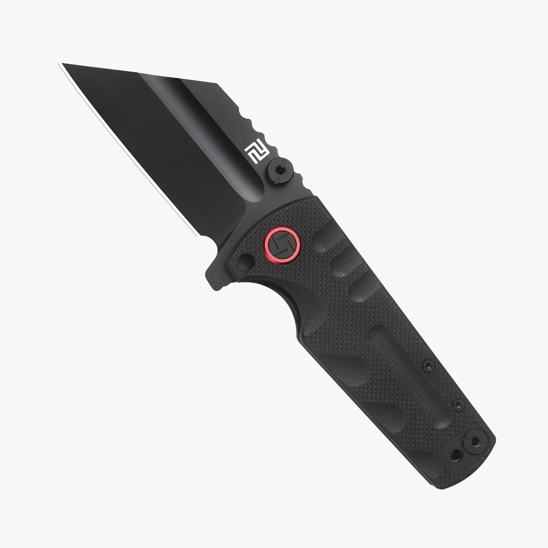 Black folding knife with textured handle and tanto-style blade angled to the left.
