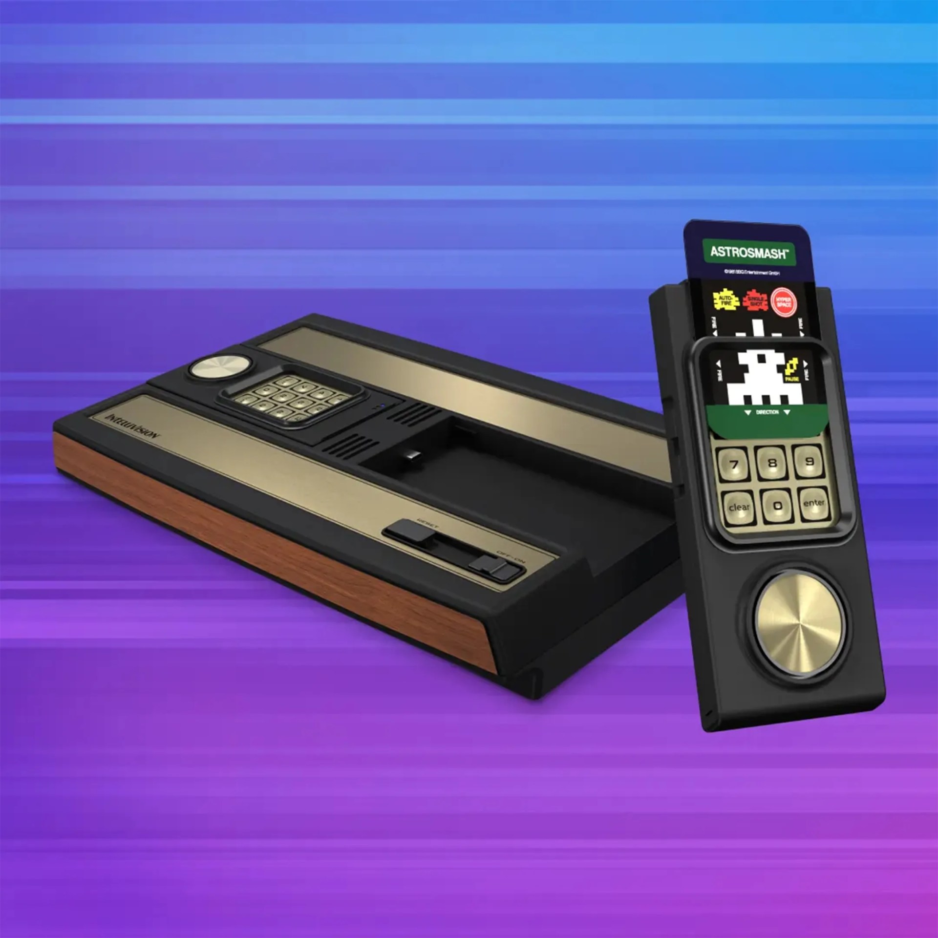 Retro black and gold Intellivision gaming console with a wood grain side panel and a controller featuring a numeric keypad and a game cartridge labeled "ASTROSMASH.