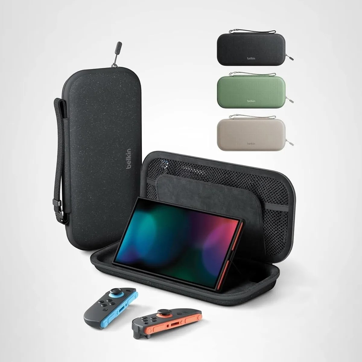 Black hard-shell carrying case for a handheld gaming console with wrist strap, shown closed and open with console inside, and two detachable controllers nearby; also shown in black, green, and beige colors.