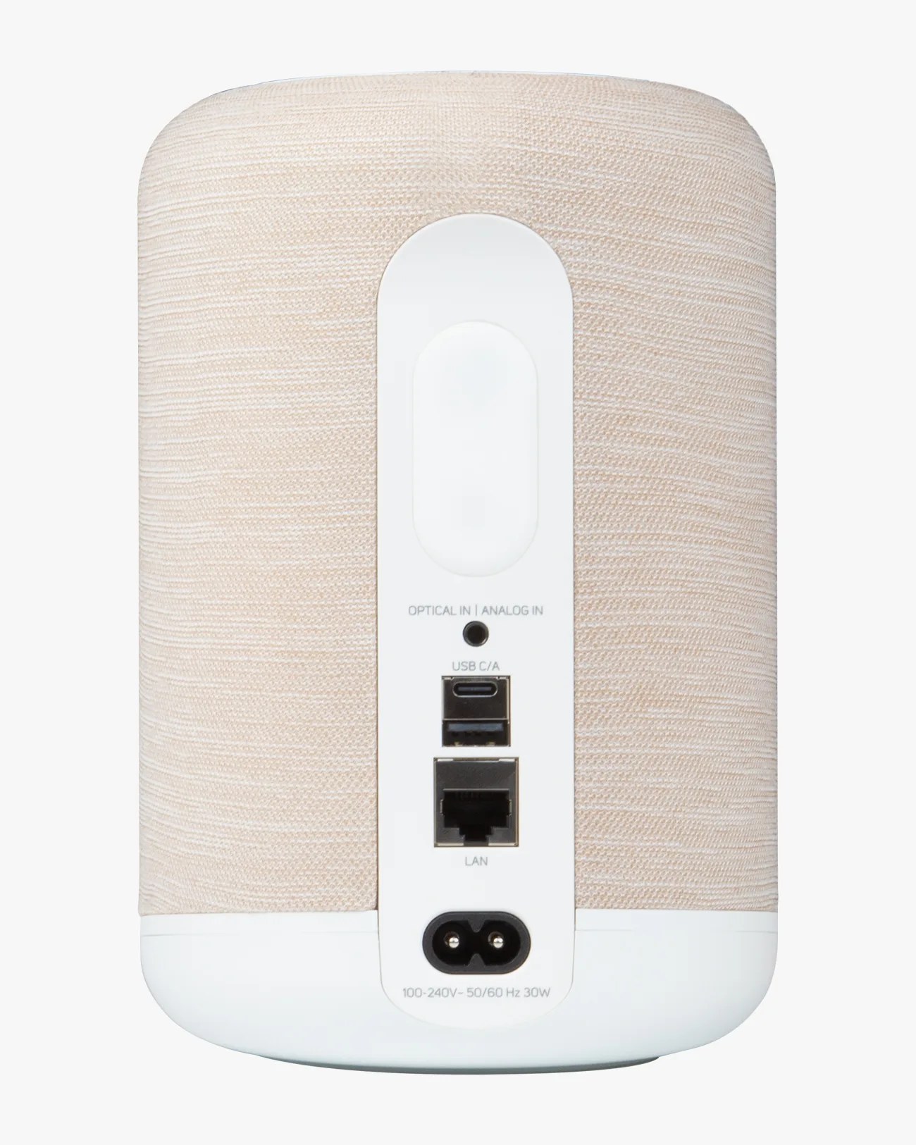 Beige fabric-covered smart speaker with white plastic base showing ports for optical/analog input, USB-C, LAN, and power.