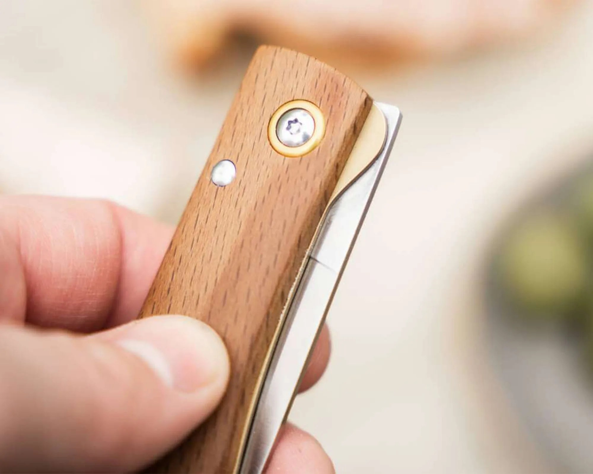 Hand holding a closed folding knife with a wooden handle and metal accents.
