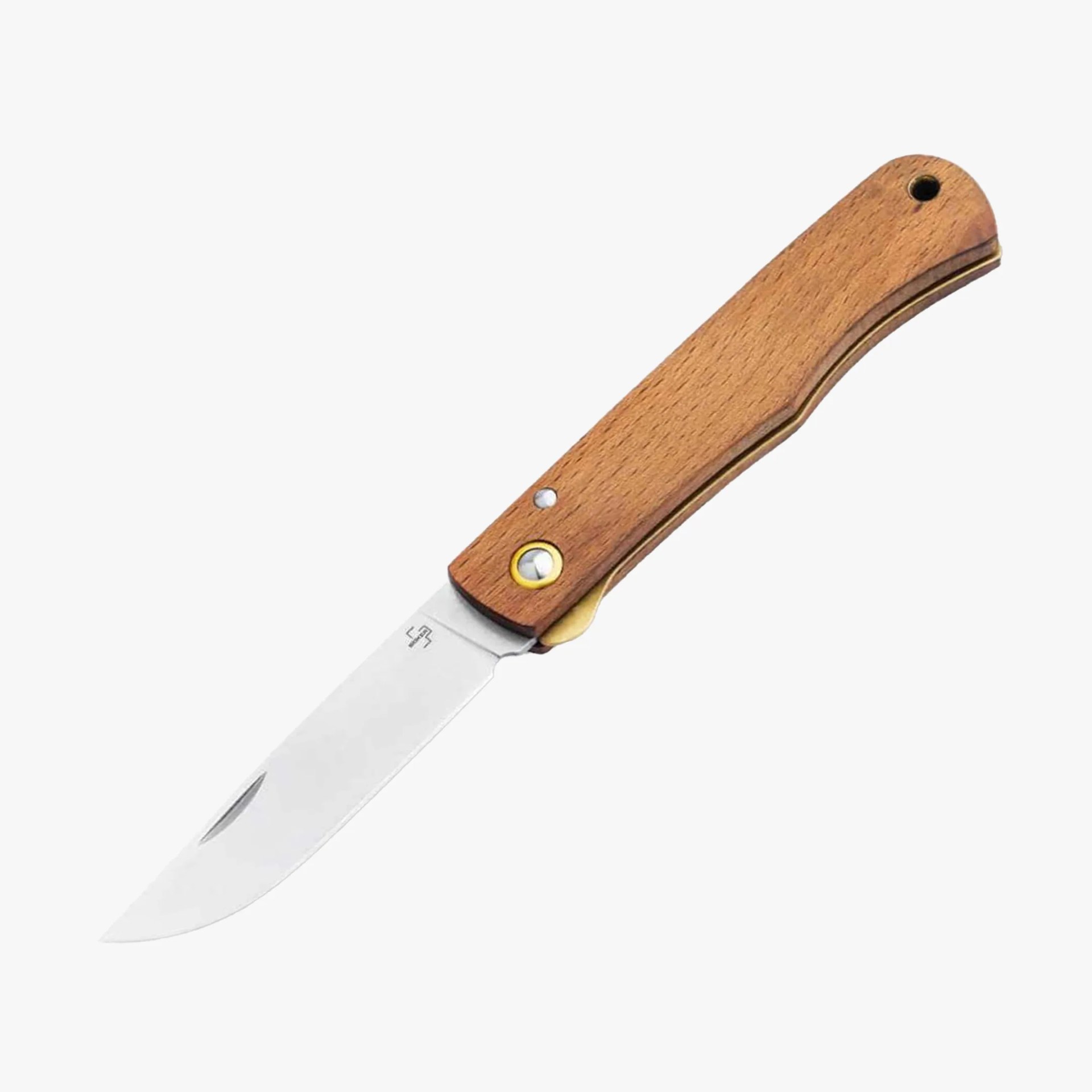 Folding pocket knife with a stainless steel blade and a wooden handle featuring a brass pivot and lanyard hole.