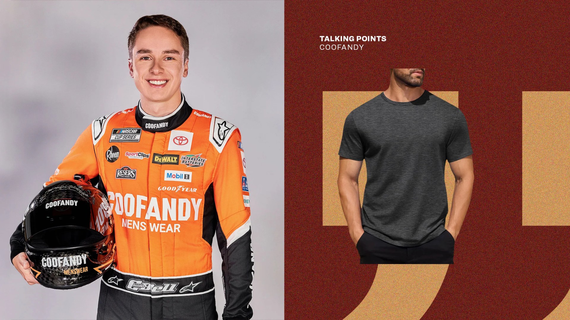 Racing driver in an orange Coofandy menswear suit holding a black Coofandy helmet next to a dark gray Coofandy t-shirt on a red and gold background.