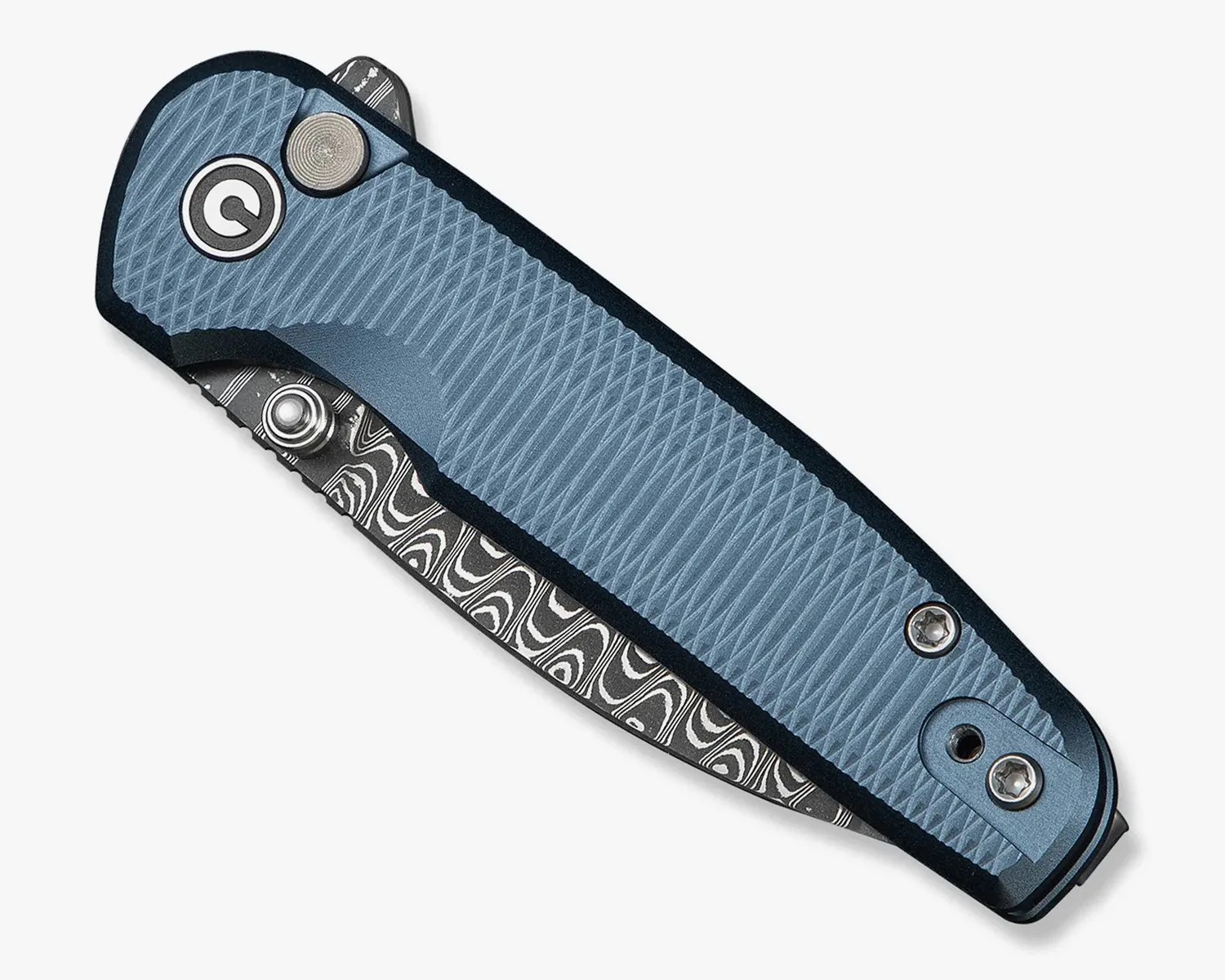 Folded pocket knife with a textured blue handle and a partially visible patterned blade.