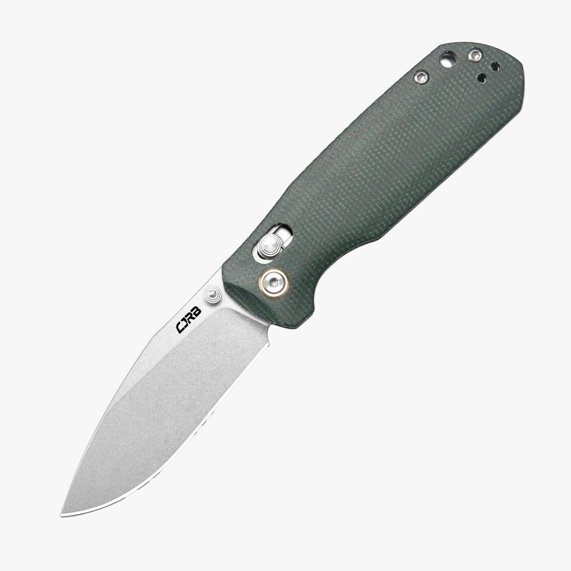 Folding knife with stonewashed blade and textured dark green handle.